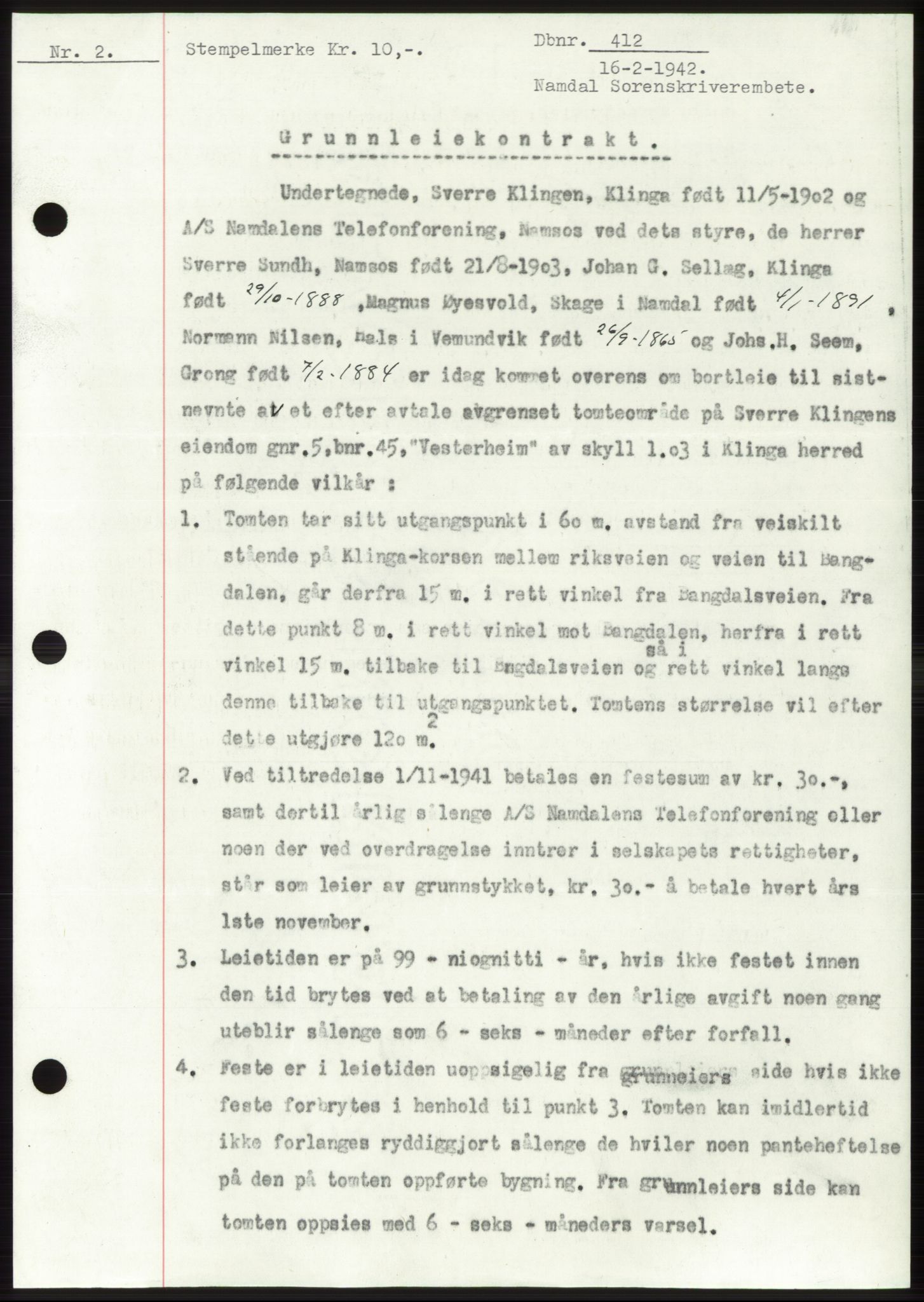 Namdal sorenskriveri, SAT/A-4133/1/2/2C: Mortgage book no. -, 1941-1942, Diary no: : 412/1942