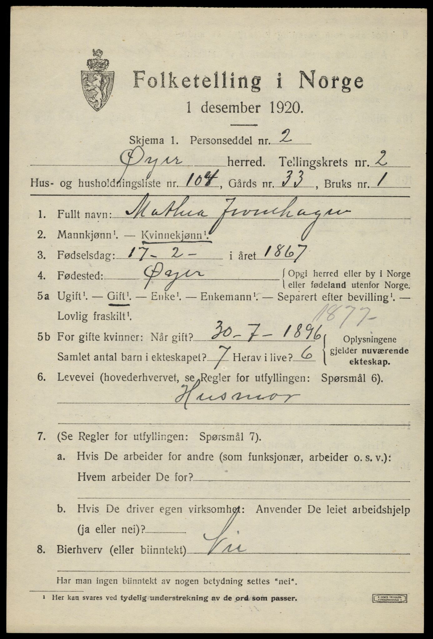 SAH, 1920 census for Øyer, 1920, p. 3273