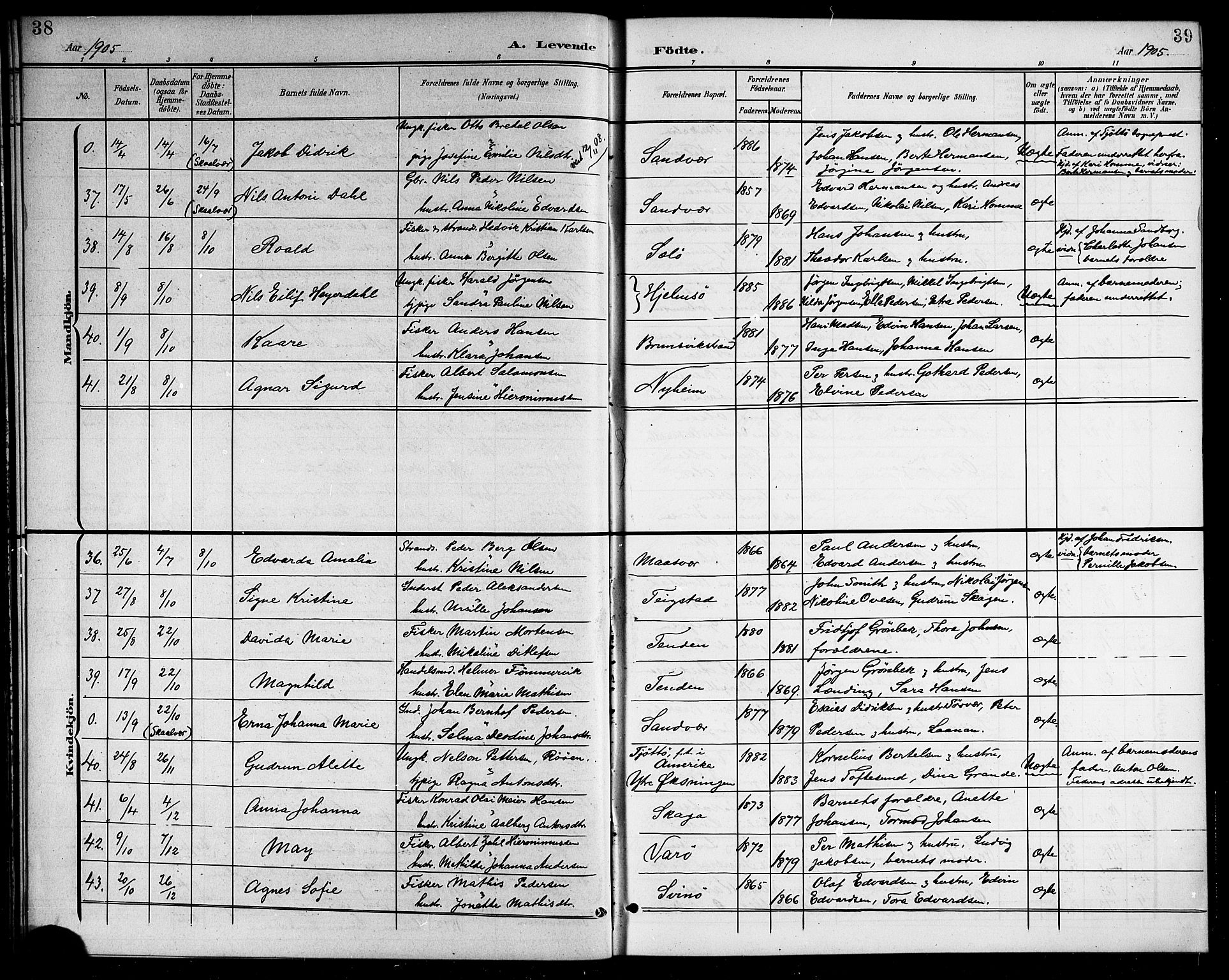 Ministerialprotokoller, klokkerbøker og fødselsregistre - Nordland, AV/SAT-A-1459/834/L0516: Parish register (copy) no. 834C06, 1902-1918, p. 38-39