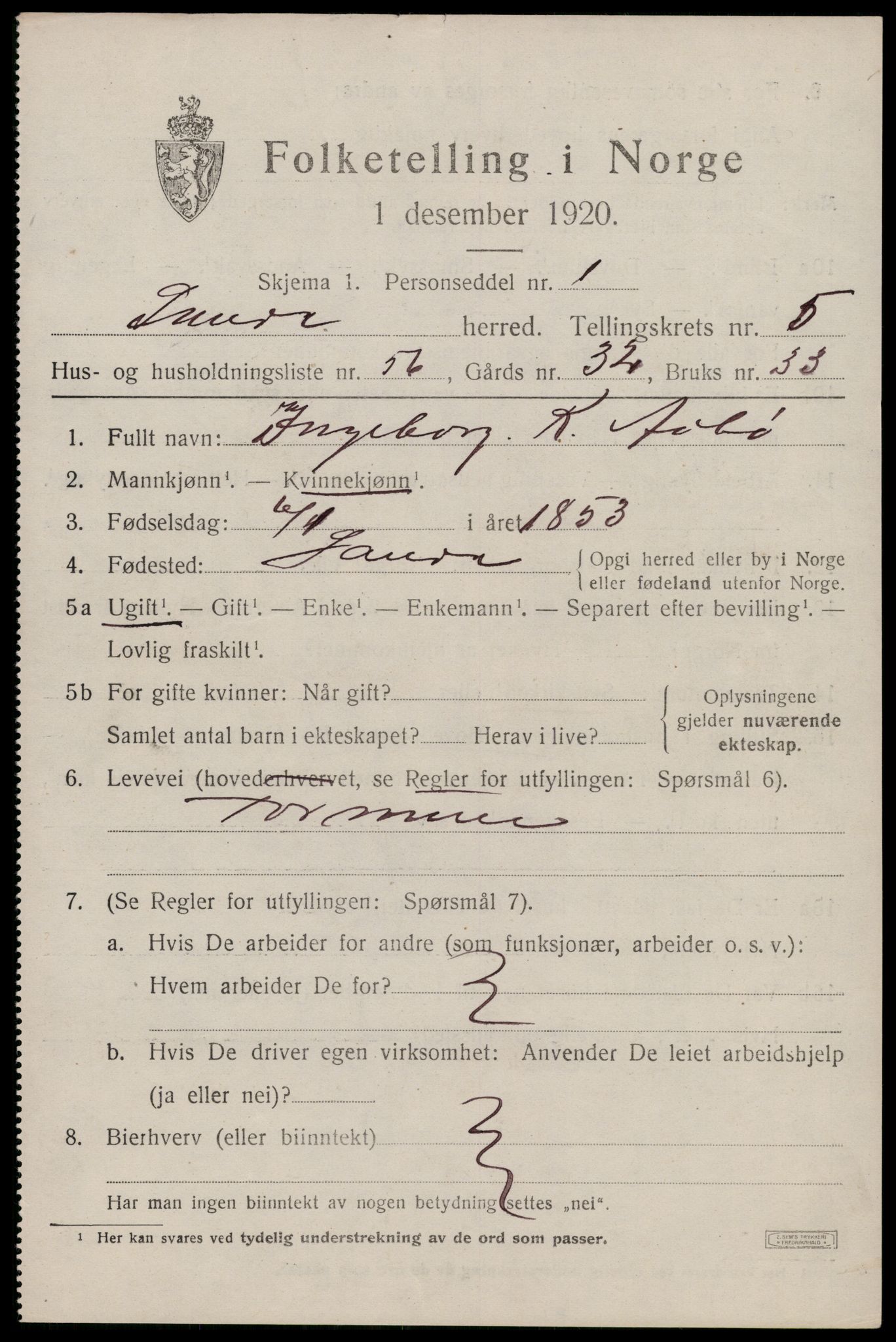 SAST, 1920 census for Sauda, 1920, p. 3708