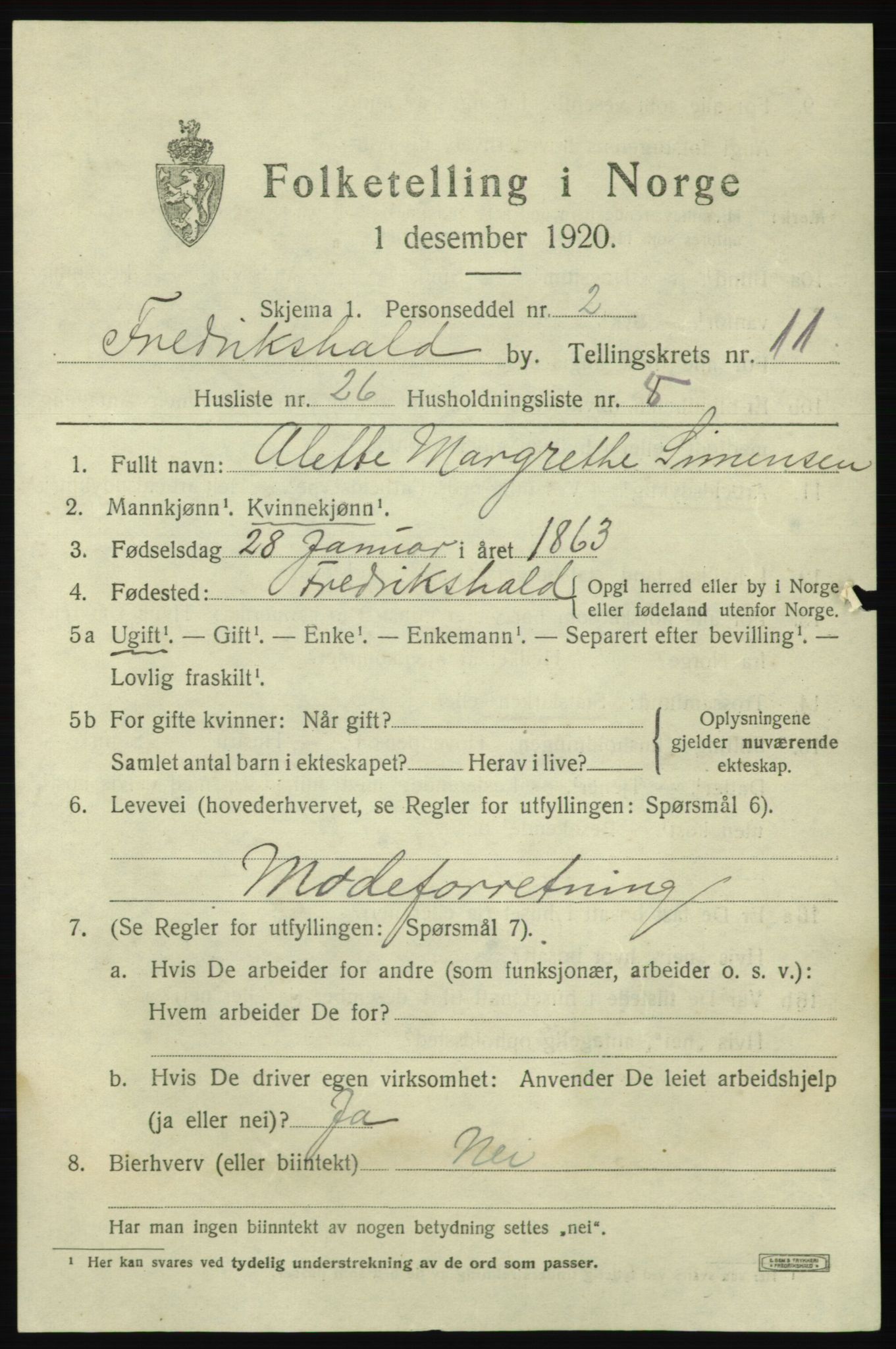 SAO, 1920 census for Fredrikshald, 1920, p. 19405
