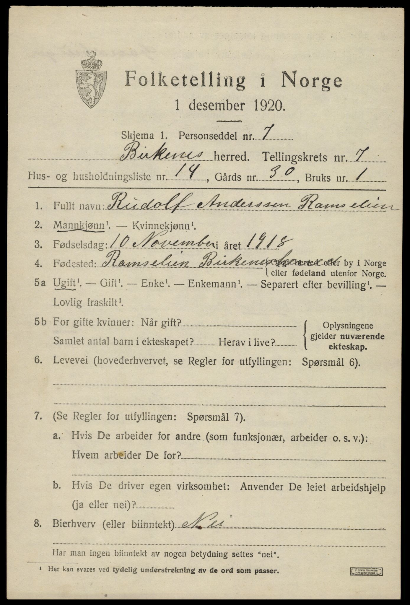 SAK, 1920 census for Birkenes, 1920, p. 4119