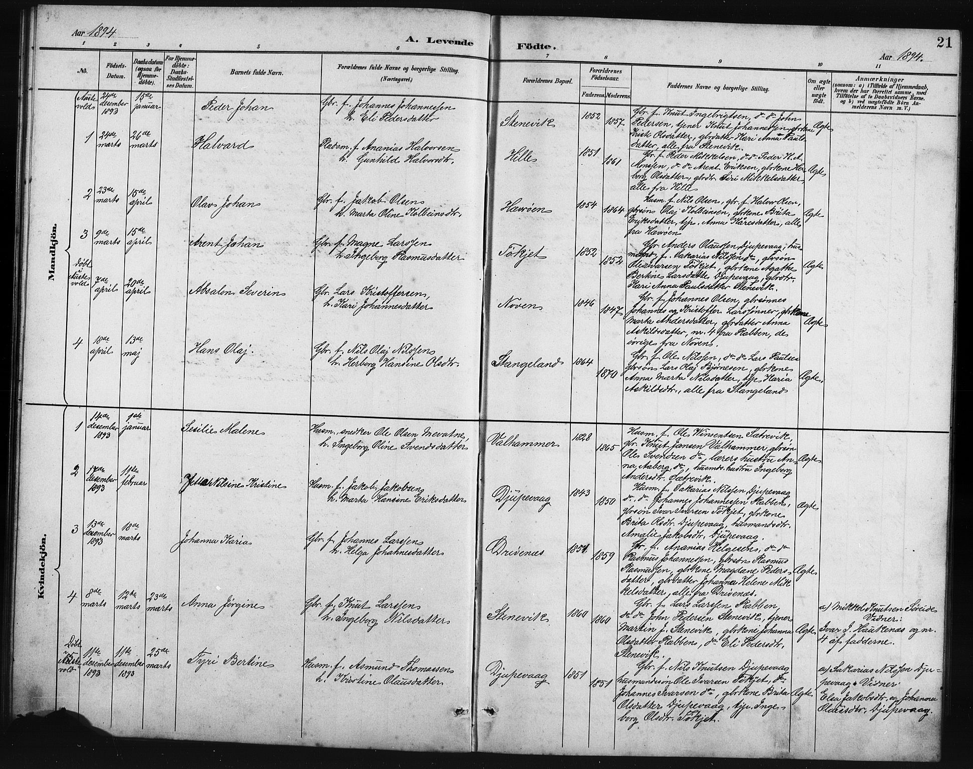 Austevoll Sokneprestembete, SAB/A-74201/H/Hab: Parish register (copy) no. B 4, 1889-1901, p. 21