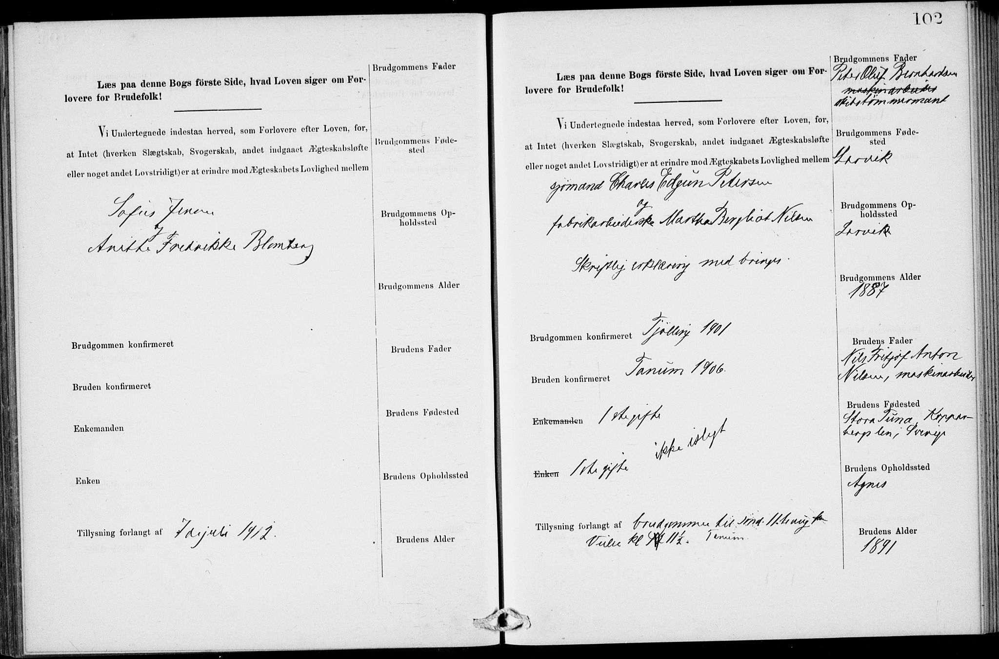 Stavern kirkebøker, SAKO/A-318/H/Ha/L0001: Banns register no. 1, 1875-1918, p. 102