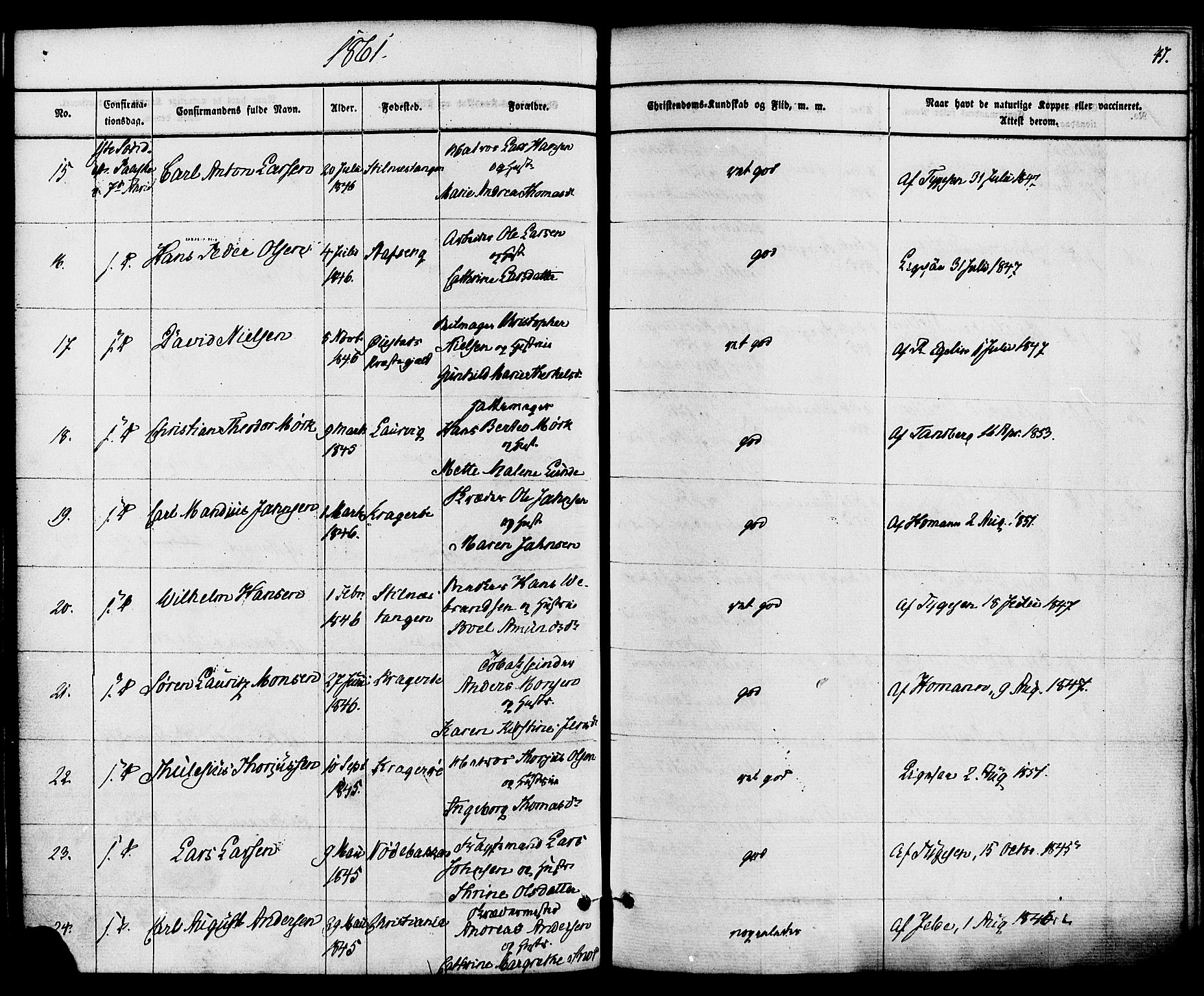 Kragerø kirkebøker, AV/SAKO-A-278/F/Fa/L0008: Parish register (official) no. 8, 1856-1880, p. 47