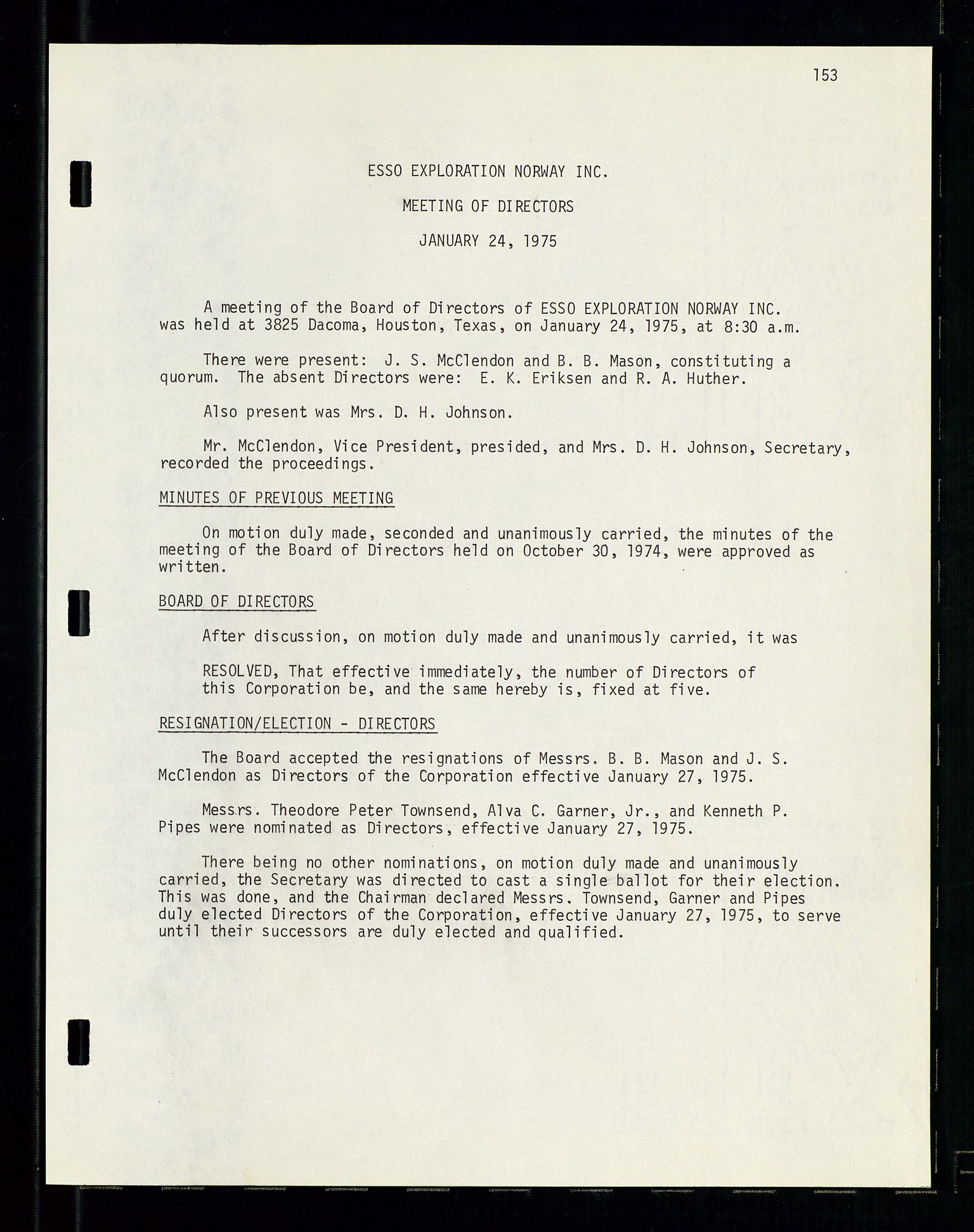 Pa 1512 - Esso Exploration and Production Norway Inc., AV/SAST-A-101917/A/Aa/L0001/0001: Styredokumenter / Corporate records, By-Laws, Board meeting minutes, Incorporations, 1965-1975, p. 153