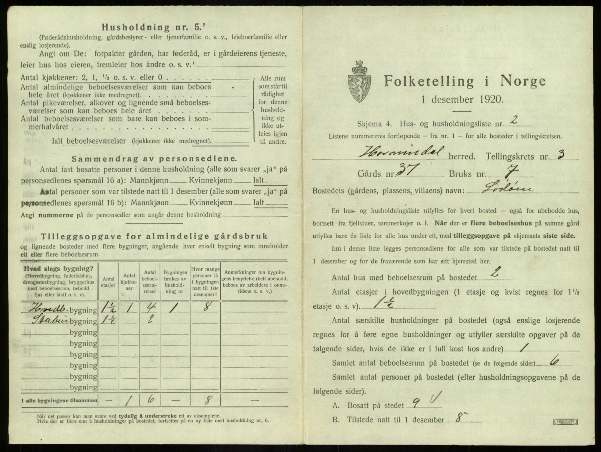 SAB, 1920 census for Hornindal, 1920, p. 105