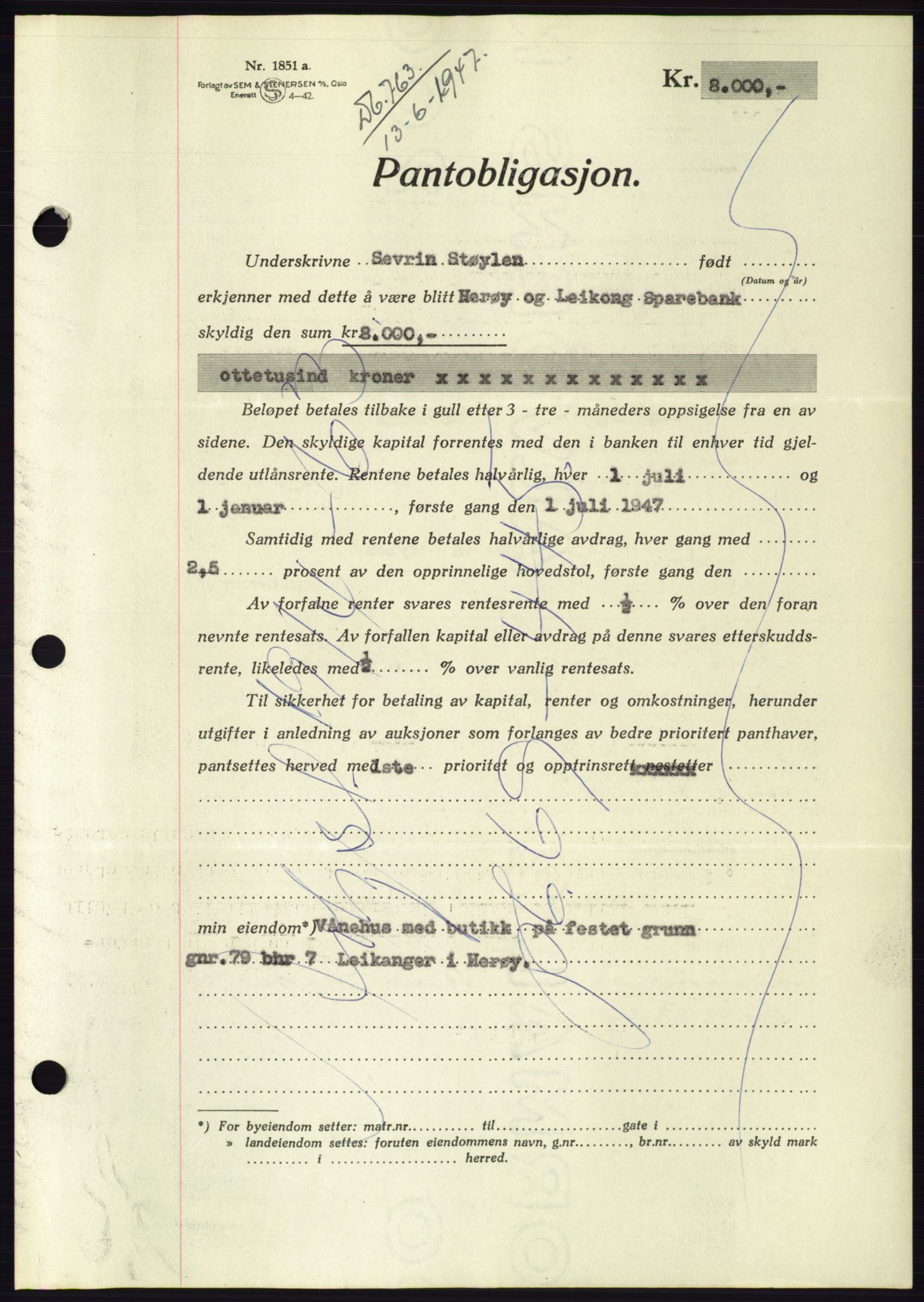 Søre Sunnmøre sorenskriveri, AV/SAT-A-4122/1/2/2C/L0115: Mortgage book no. 3B, 1947-1948, Diary no: : 763/1947