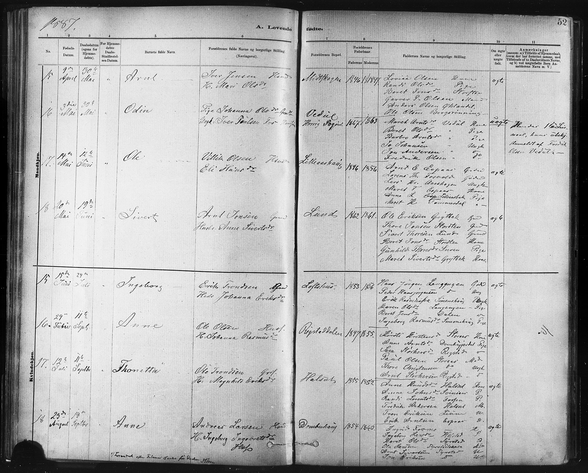 Ministerialprotokoller, klokkerbøker og fødselsregistre - Sør-Trøndelag, AV/SAT-A-1456/672/L0857: Parish register (official) no. 672A09, 1882-1893, p. 52