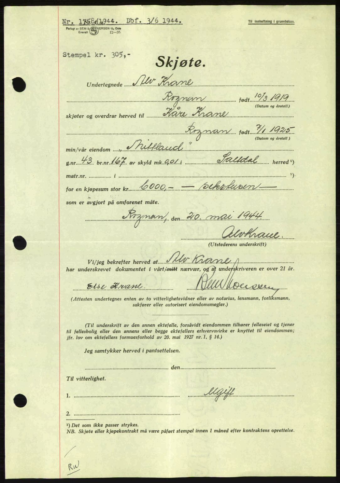 Salten sorenskriveri, AV/SAT-A-4578/1/2/2C: Mortgage book no. A14-15, 1943-1945, Diary no: : 1758/1944