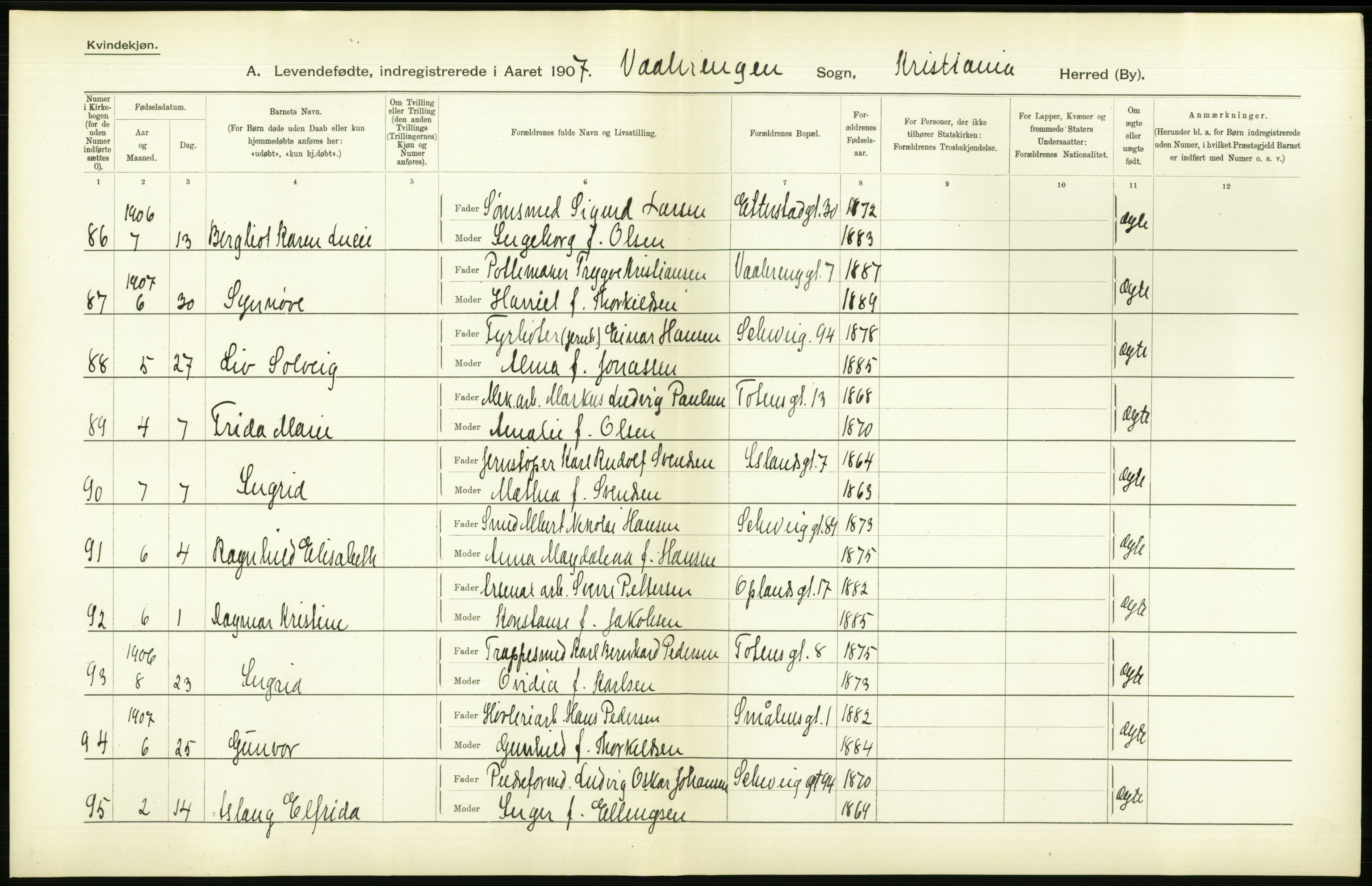 Statistisk sentralbyrå, Sosiodemografiske emner, Befolkning, AV/RA-S-2228/D/Df/Dfa/Dfae/L0007: Kristiania: Levendefødte menn og kvinner., 1907, p. 558