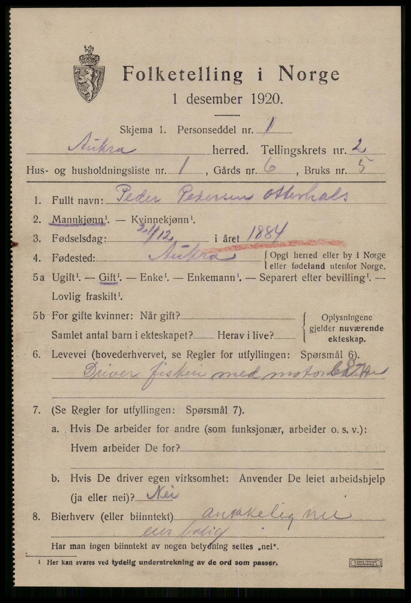 SAT, 1920 census for Aukra, 1920, p. 1611