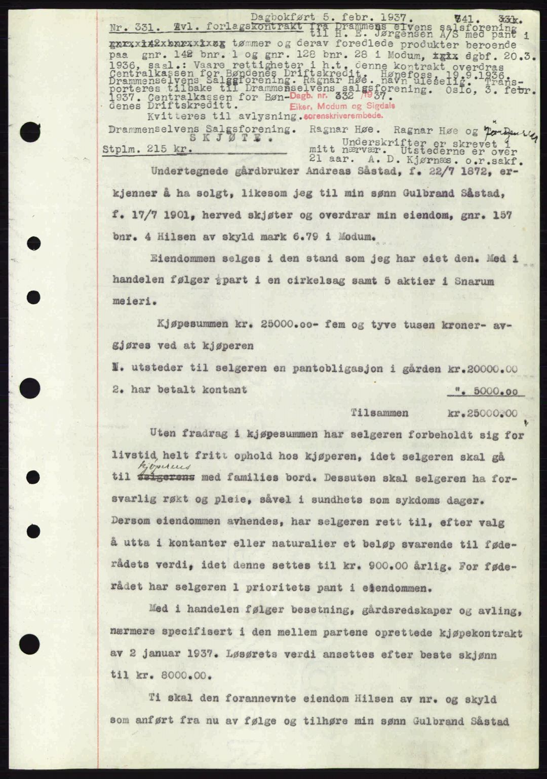 Eiker, Modum og Sigdal sorenskriveri, SAKO/A-123/G/Ga/Gab/L0034: Mortgage book no. A4, 1936-1937, Diary no: : 332/1937