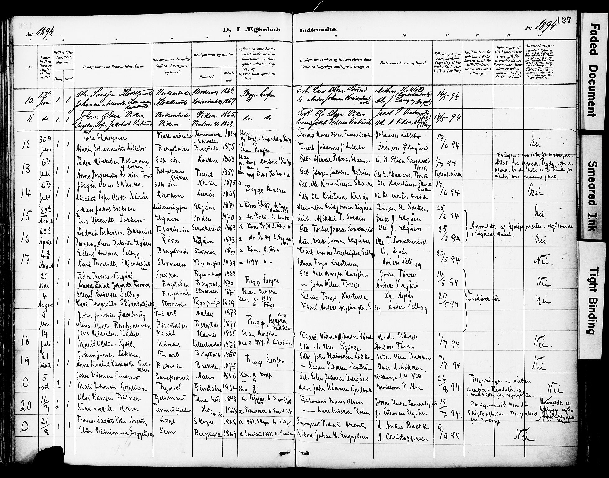 Ministerialprotokoller, klokkerbøker og fødselsregistre - Sør-Trøndelag, SAT/A-1456/681/L0935: Parish register (official) no. 681A13, 1890-1898, p. 127