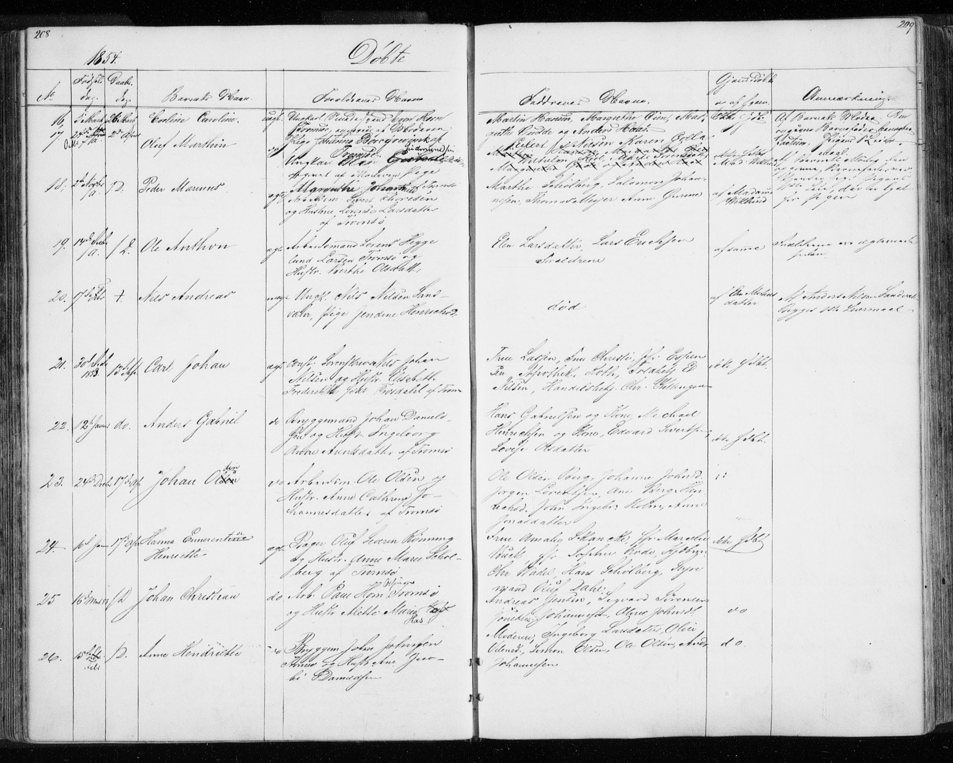 Tromsø sokneprestkontor/stiftsprosti/domprosti, SATØ/S-1343/G/Gb/L0005klokker: Parish register (copy) no. 5, 1846-1857, p. 208-209