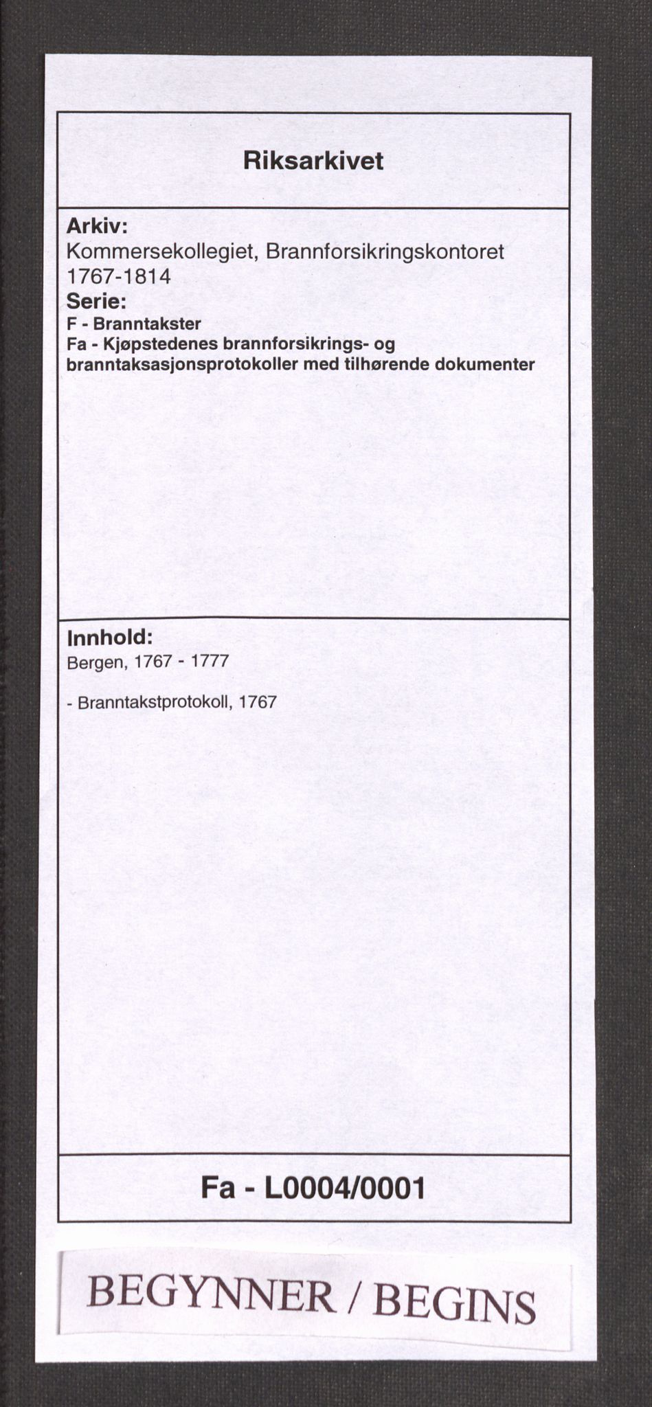 Kommersekollegiet, Brannforsikringskontoret 1767-1814, RA/EA-5458/F/Fa/L0004/0001: Bergen / Branntakstprotokoll, 1767