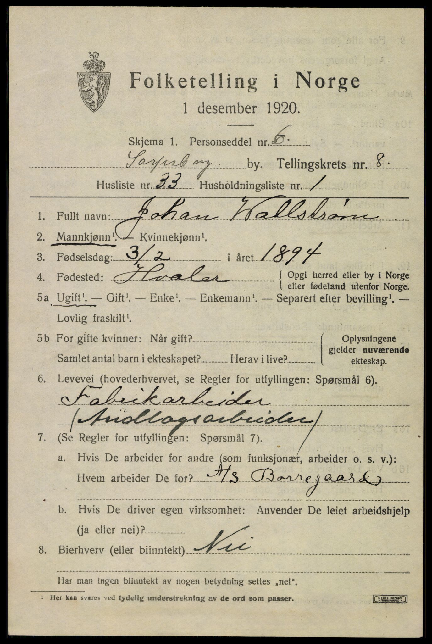 SAO, 1920 census for Sarpsborg, 1920, p. 17810