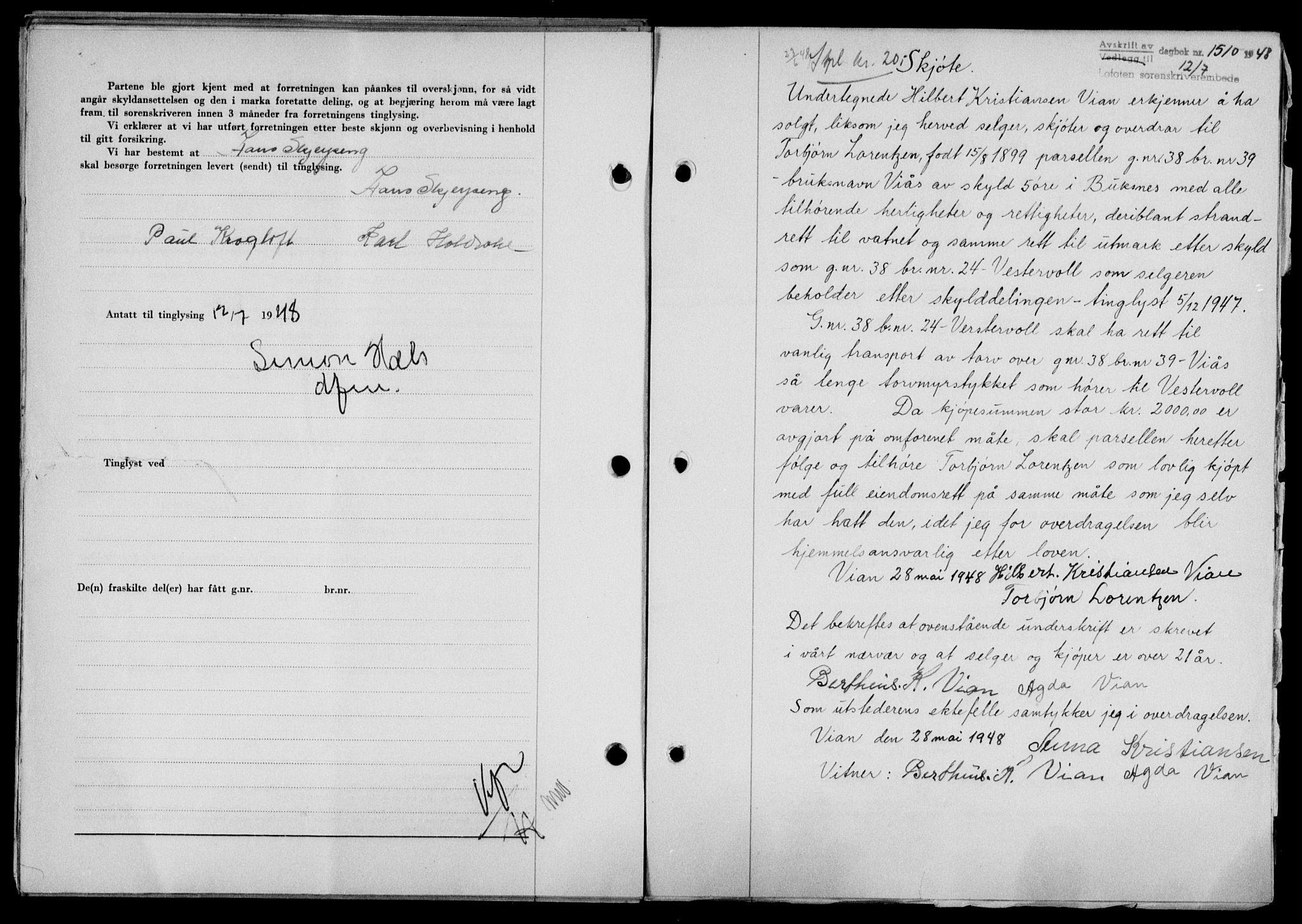 Lofoten sorenskriveri, SAT/A-0017/1/2/2C/L0018a: Mortgage book no. 18a, 1948-1948, Diary no: : 1510/1948