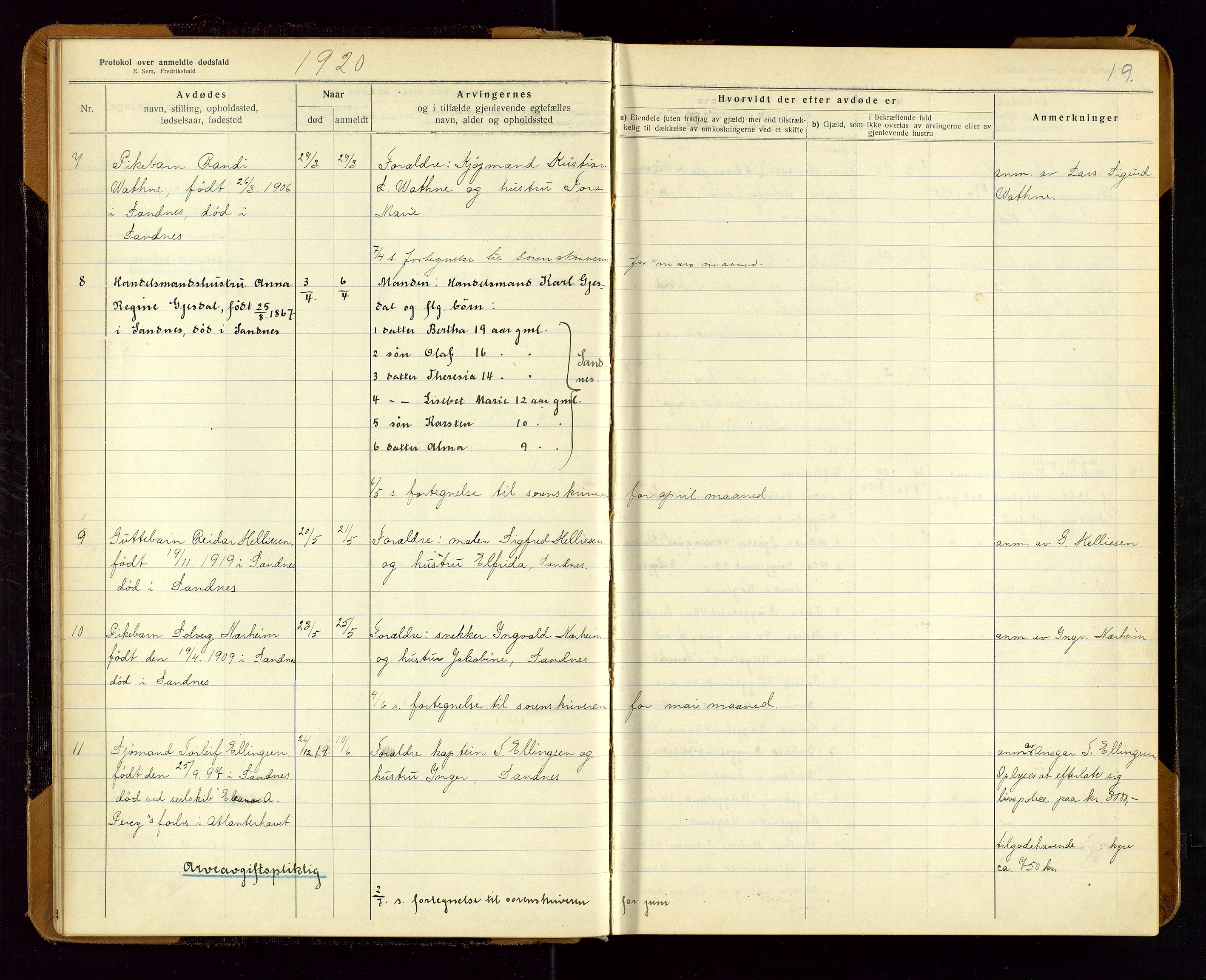 Sandnes lensmannskontor, AV/SAST-A-100167/Gga/L0001: "Protokol over anmeldte dødsfald" m/register, 1918-1940, p. 19