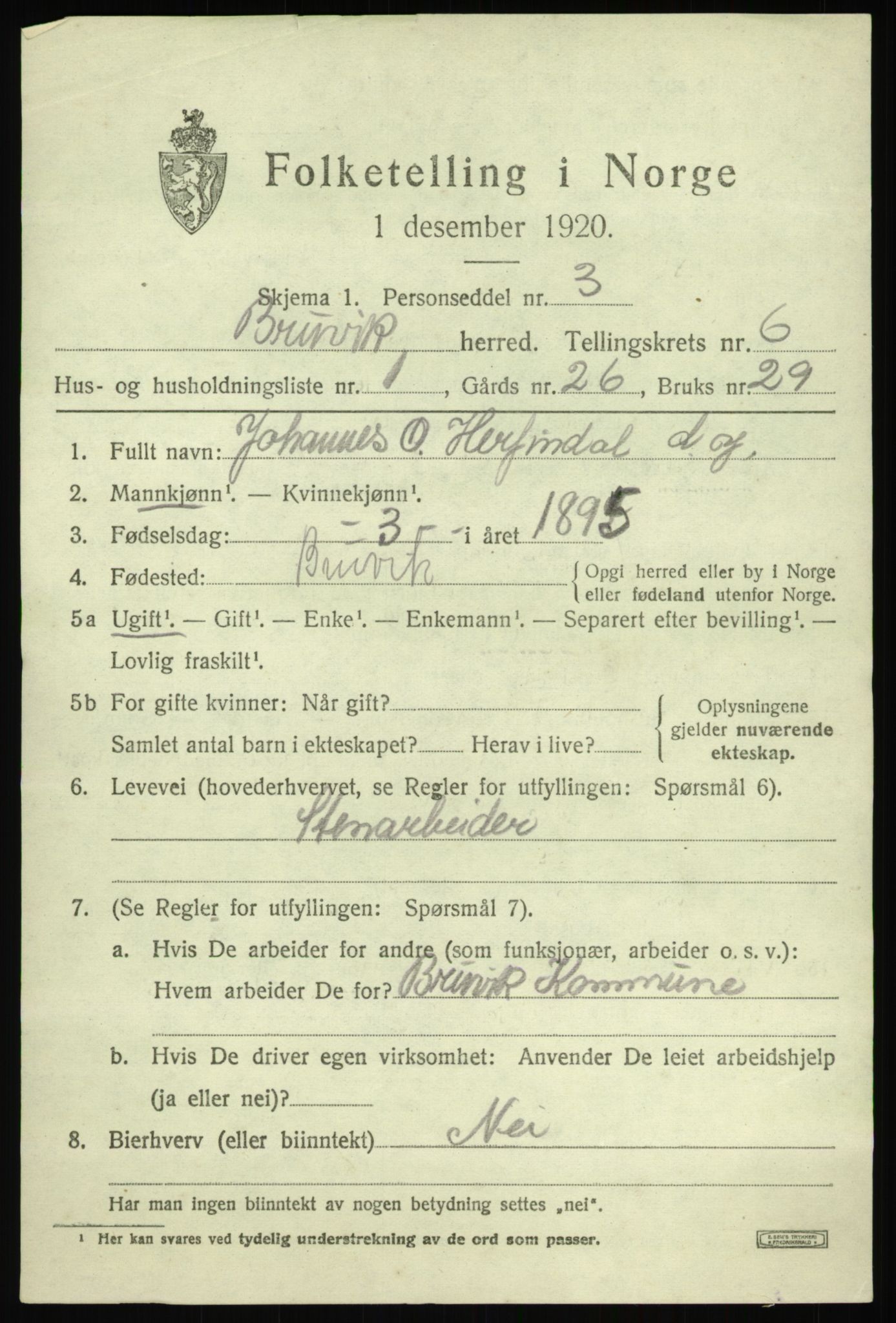 SAB, 1920 census for Bruvik, 1920, p. 3890