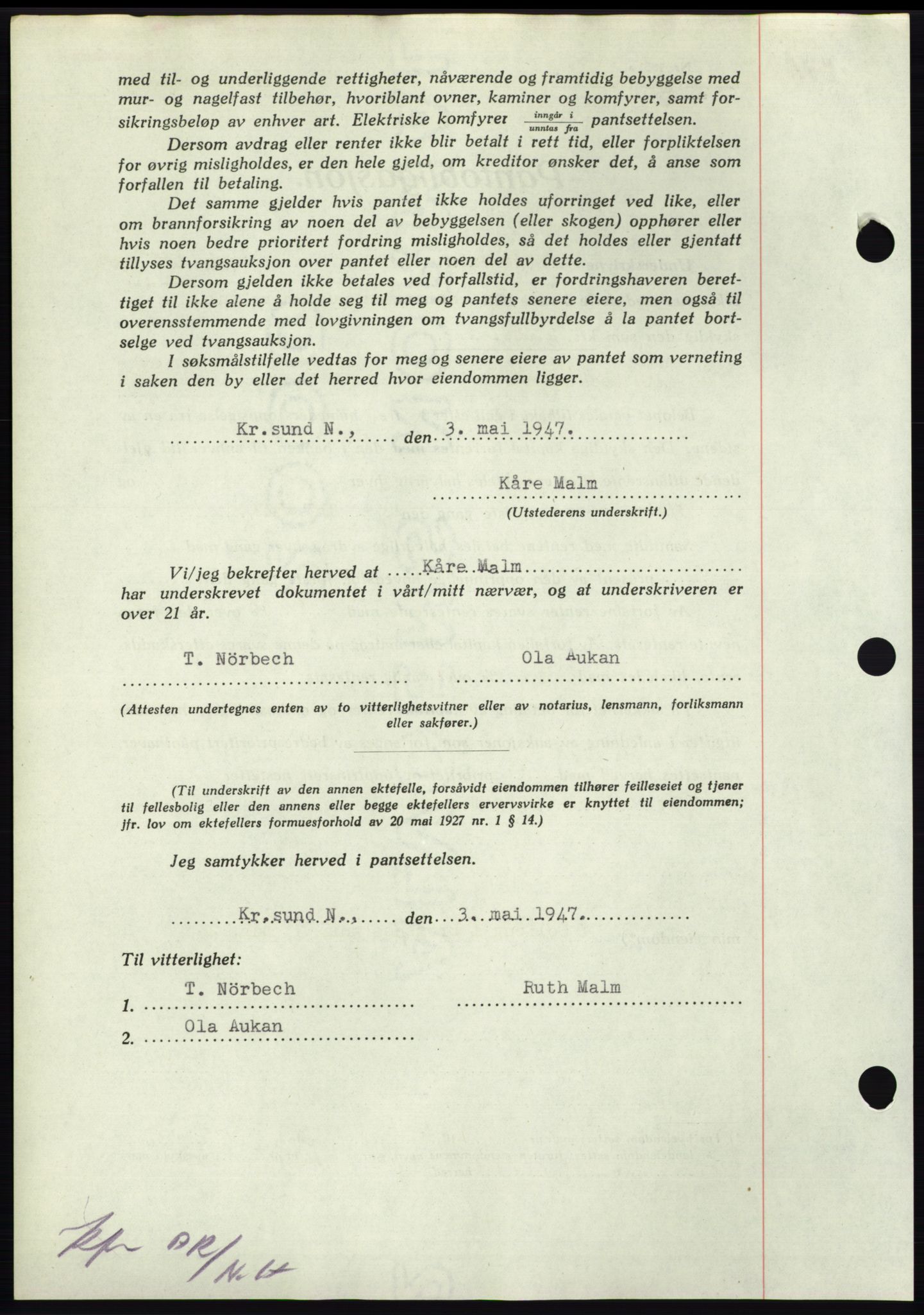 Nordmøre sorenskriveri, AV/SAT-A-4132/1/2/2Ca: Mortgage book no. B96, 1947-1947, Diary no: : 1010/1947