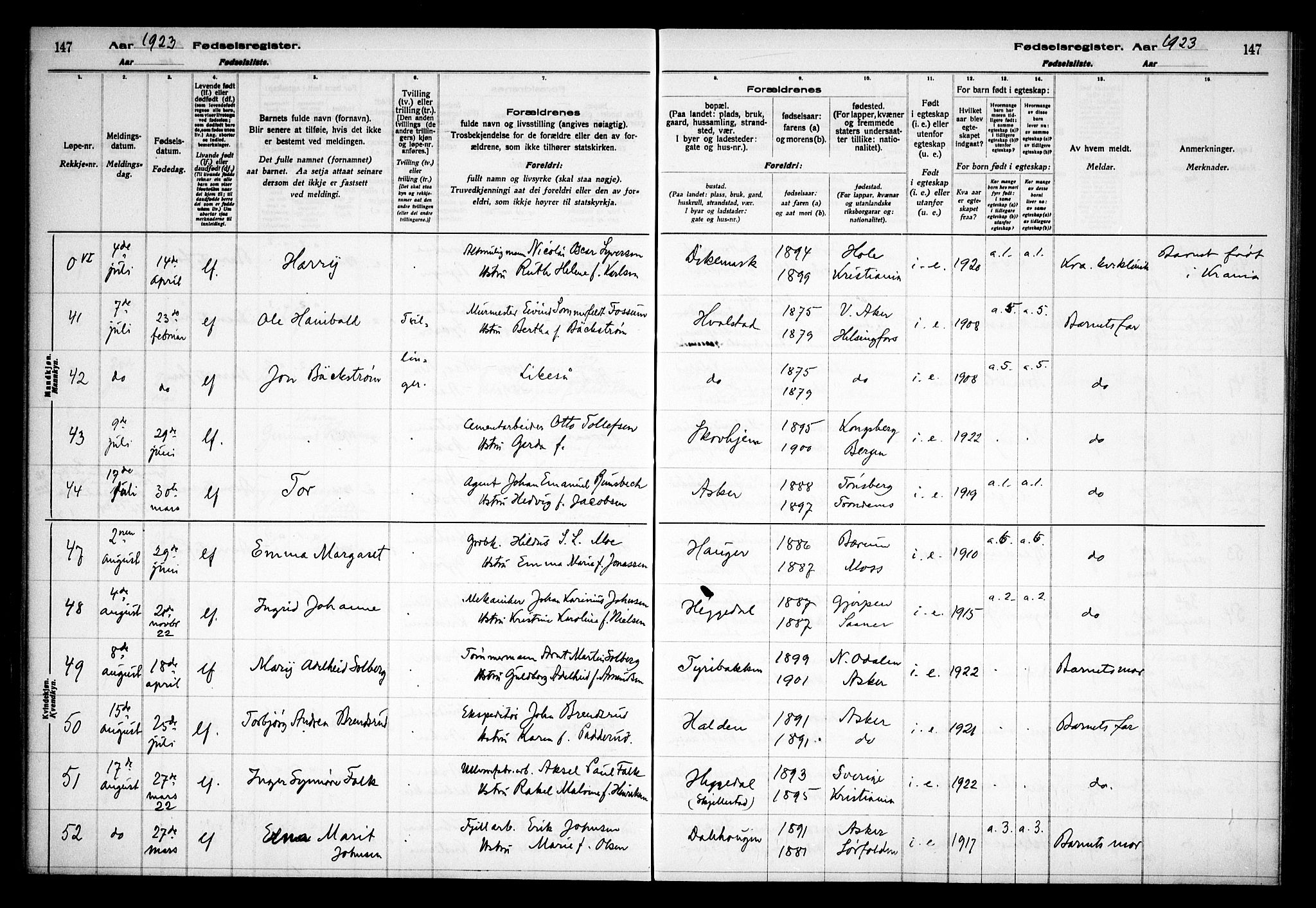 Asker prestekontor Kirkebøker, AV/SAO-A-10256a/J/L0001: Birth register no. 1, 1916-1925, p. 147