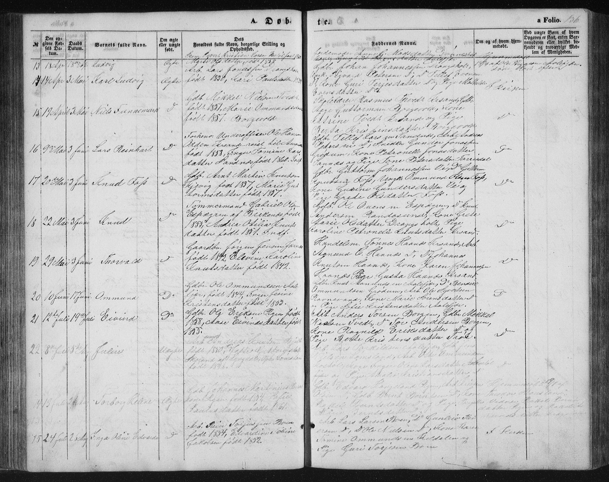 Tveit sokneprestkontor, AV/SAK-1111-0043/F/Fb/L0003: Parish register (copy) no. B 3, 1854-1886, p. 136