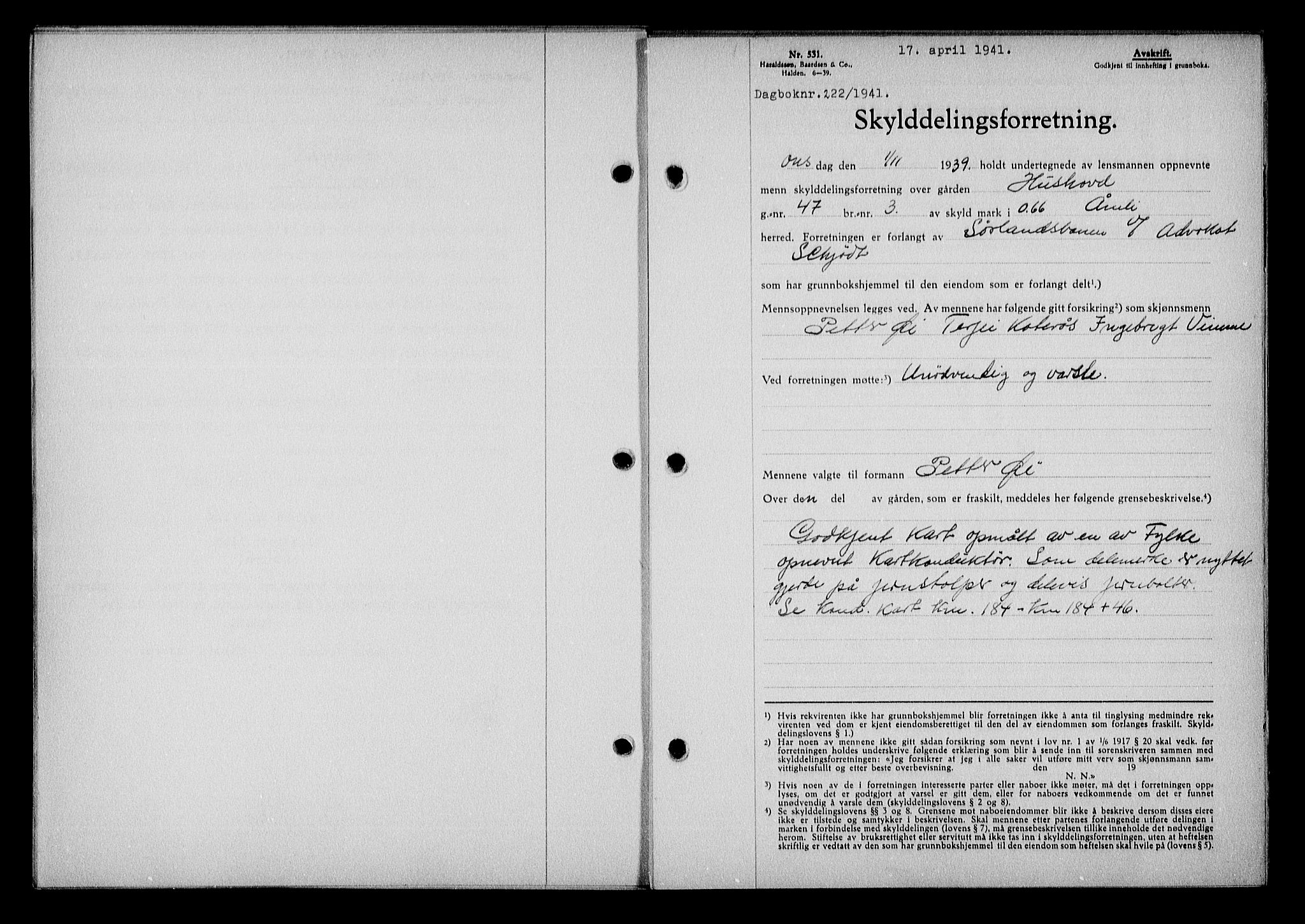 Nedenes sorenskriveri, SAK/1221-0006/G/Gb/Gba/L0048: Mortgage book no. A-II, 1940-1941, Diary no: : 222/1941
