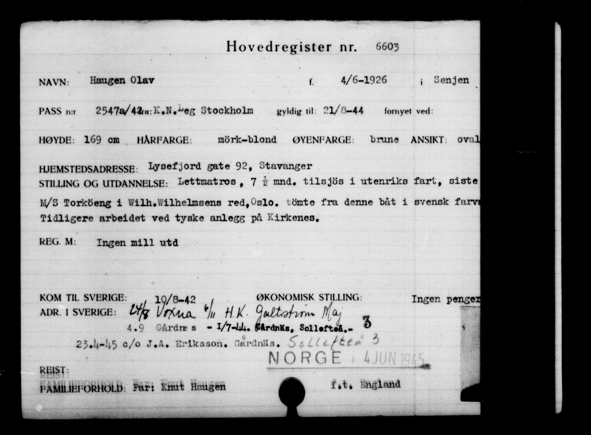 Den Kgl. Norske Legasjons Flyktningskontor, AV/RA-S-6753/V/Va/L0004: Kjesäterkartoteket.  Flyktningenr. 3496-6610, 1940-1945, p. 3671