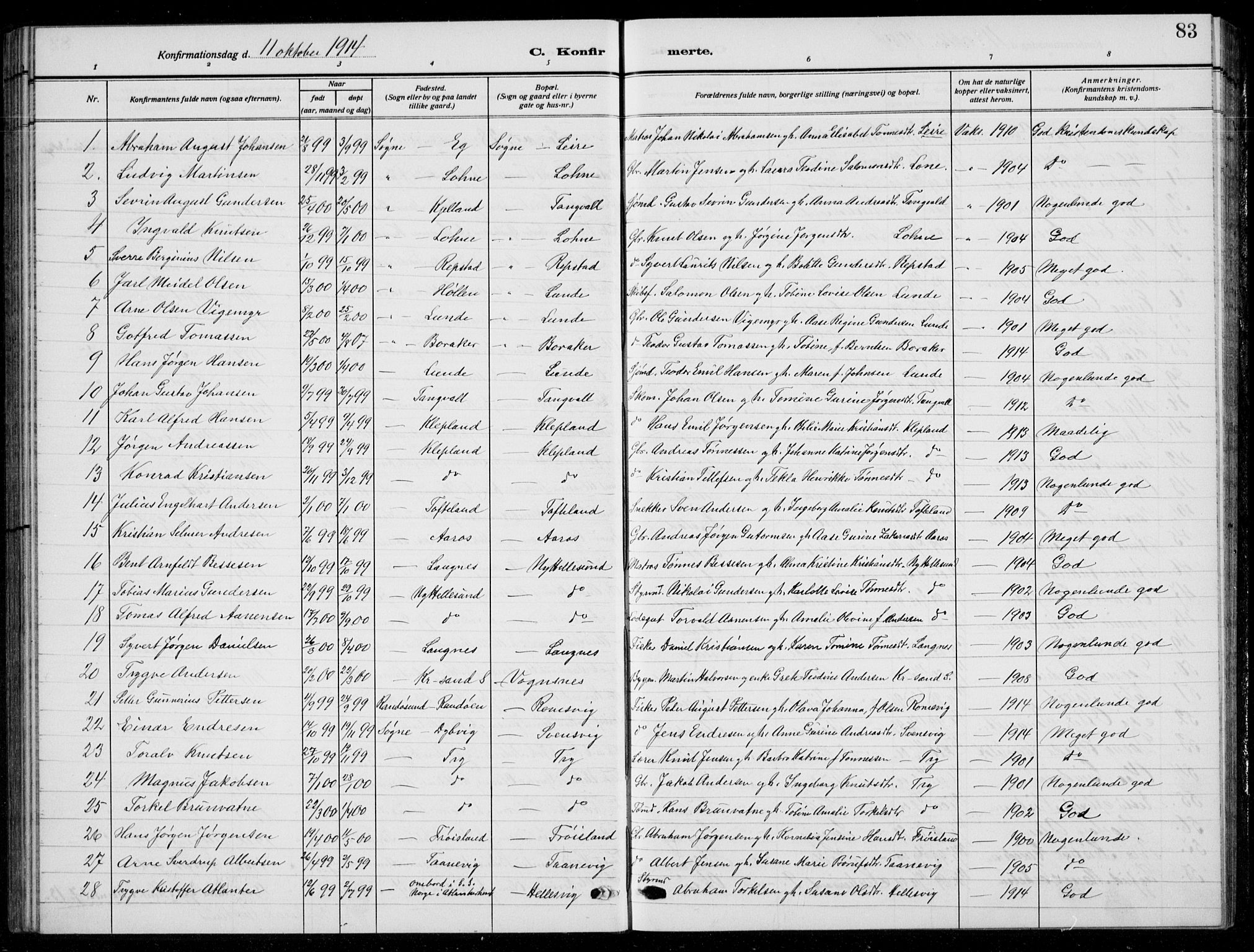 Søgne sokneprestkontor, SAK/1111-0037/F/Fb/Fbb/L0007: Parish register (copy) no. B 7, 1912-1931, p. 83