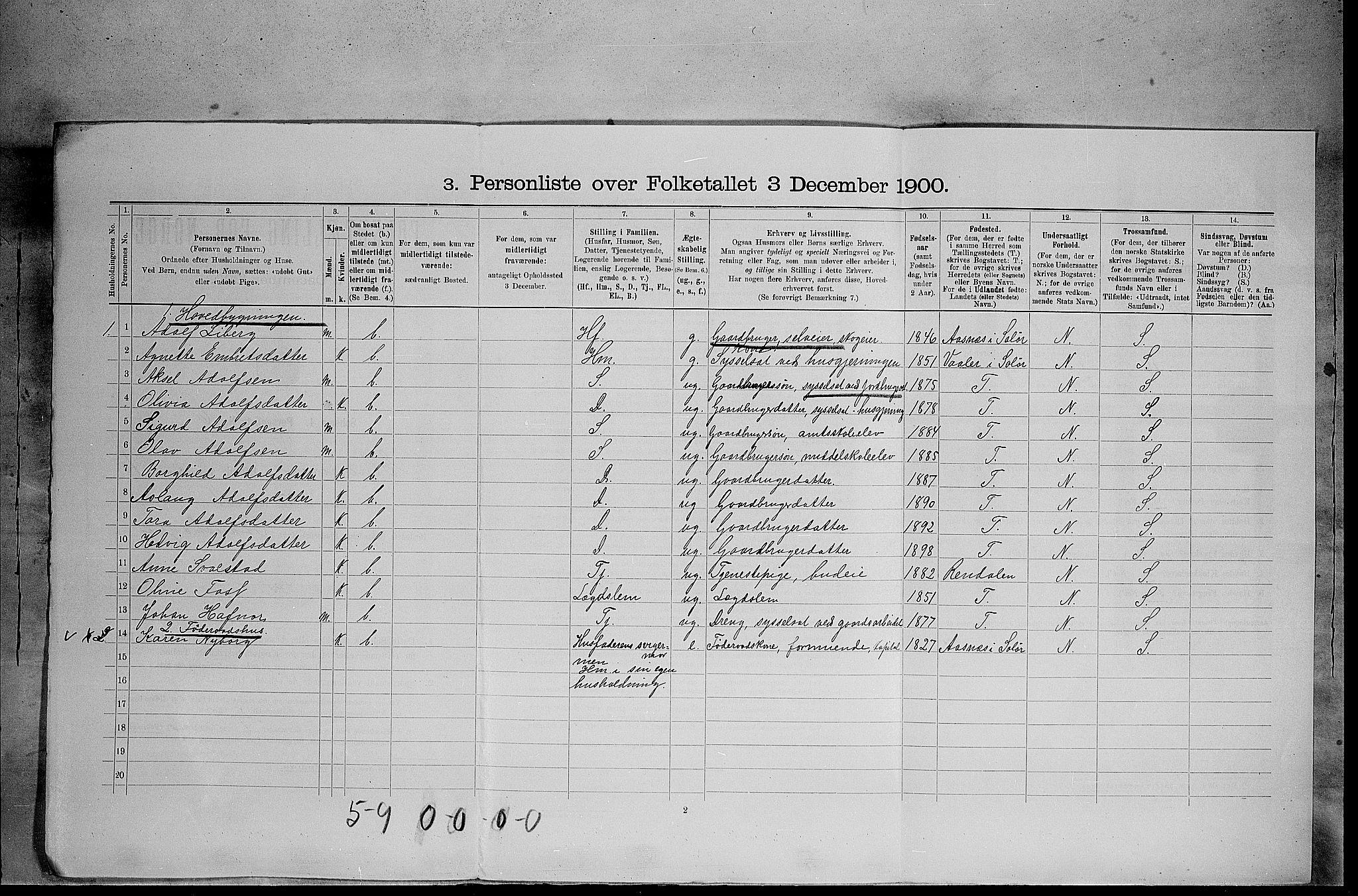 SAH, 1900 census for Elverum, 1900, p. 1212