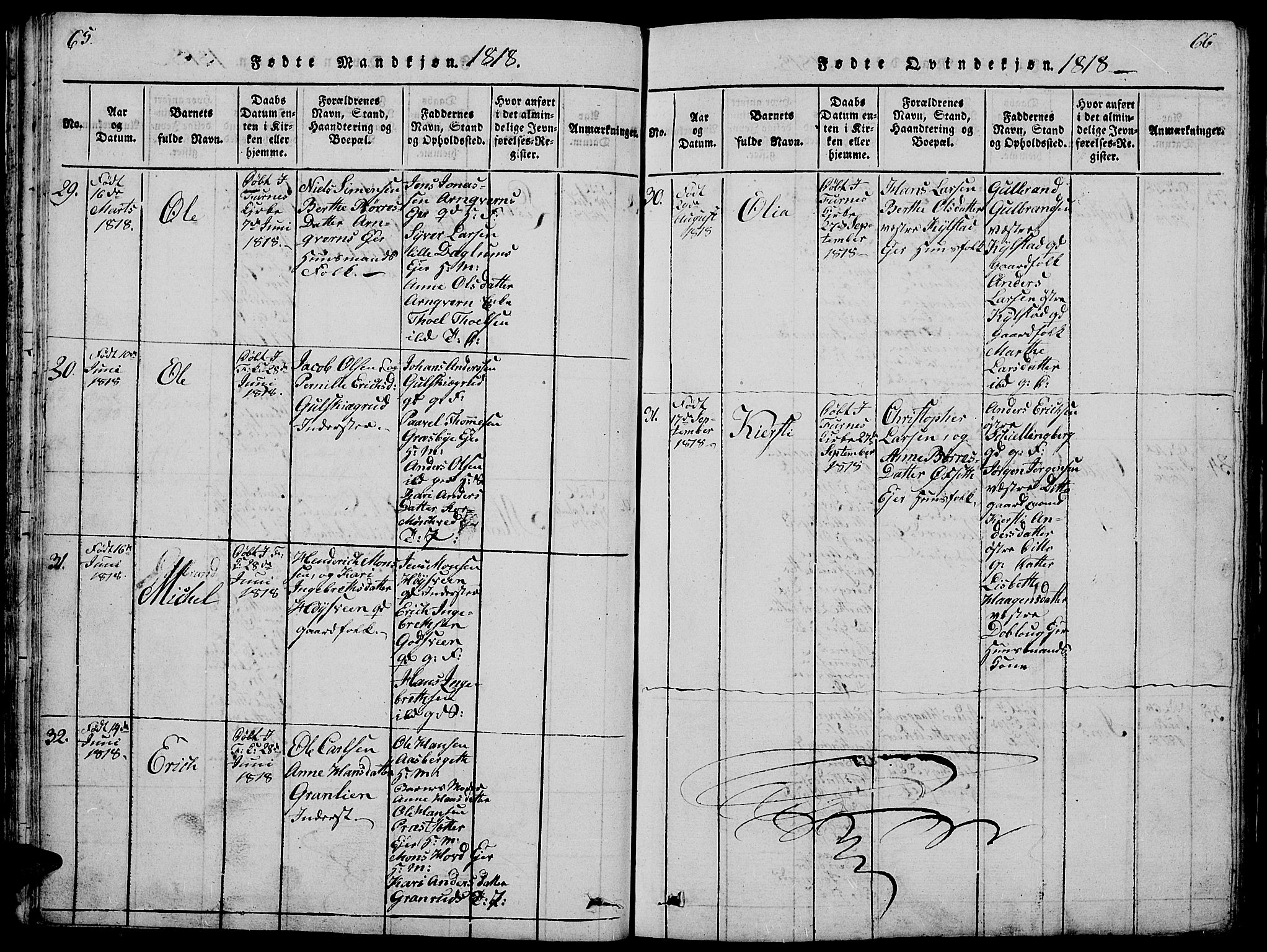 Vang prestekontor, Hedmark, AV/SAH-PREST-008/H/Ha/Hab/L0005: Parish register (copy) no. 5, 1815-1836, p. 65-66