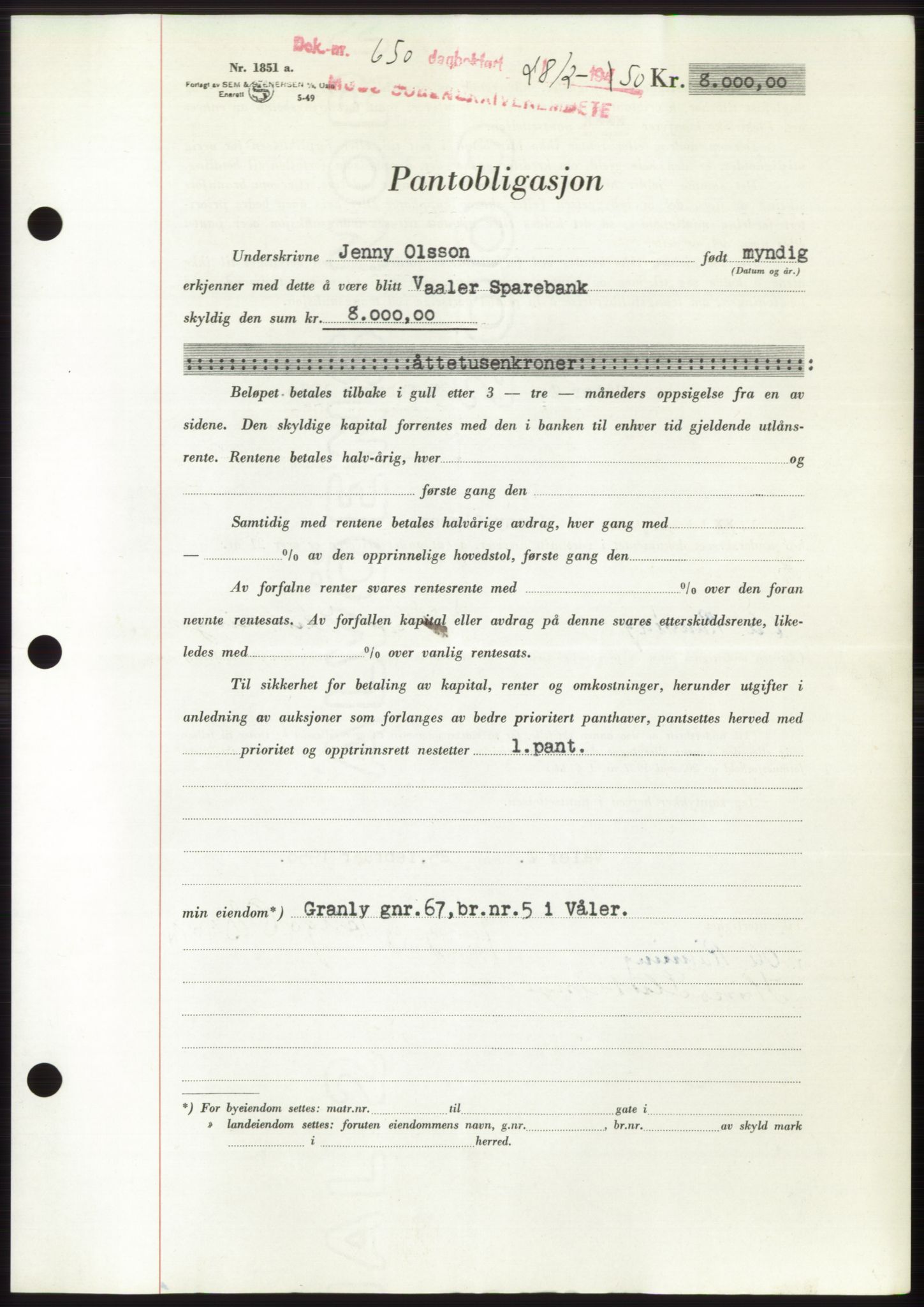 Moss sorenskriveri, SAO/A-10168: Mortgage book no. B23, 1949-1950, Diary no: : 650/1950