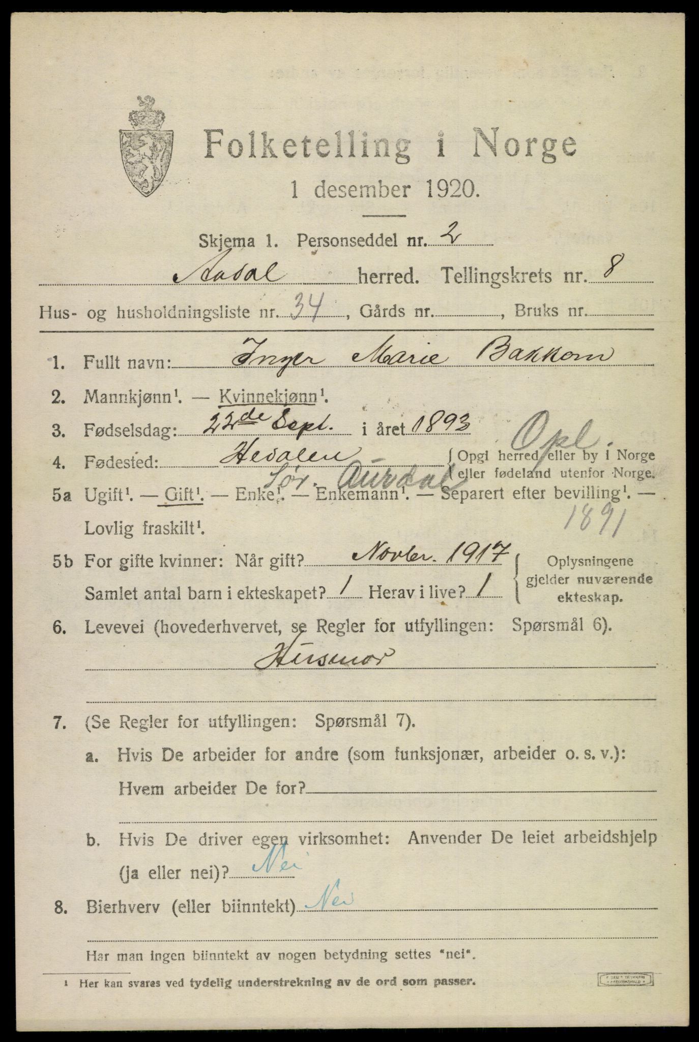 SAKO, 1920 census for Ådal, 1920, p. 5728