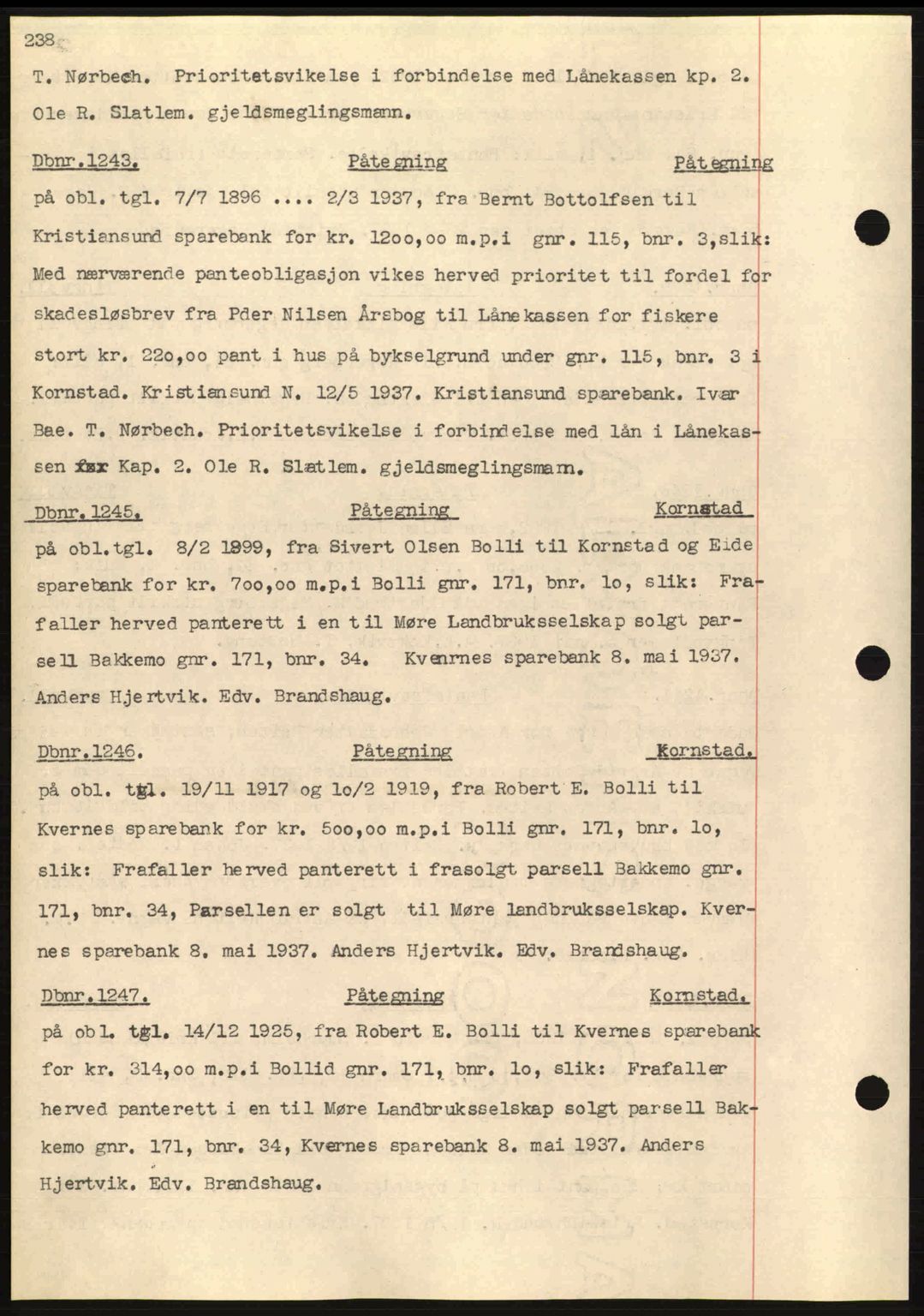 Nordmøre sorenskriveri, AV/SAT-A-4132/1/2/2Ca: Mortgage book no. C80, 1936-1939, Diary no: : 1243/1937