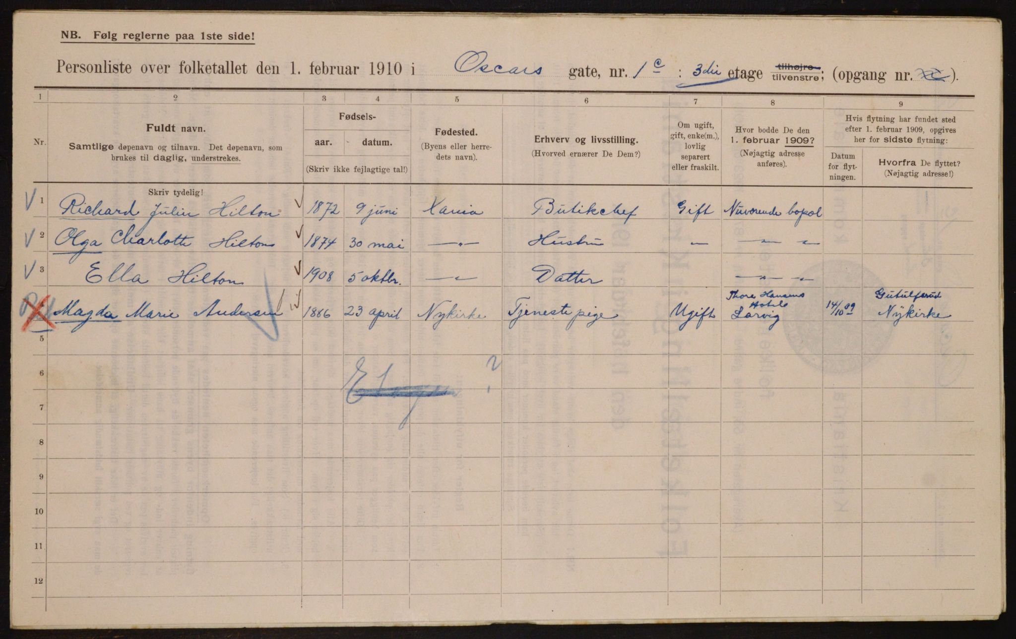 OBA, Municipal Census 1910 for Kristiania, 1910, p. 73288