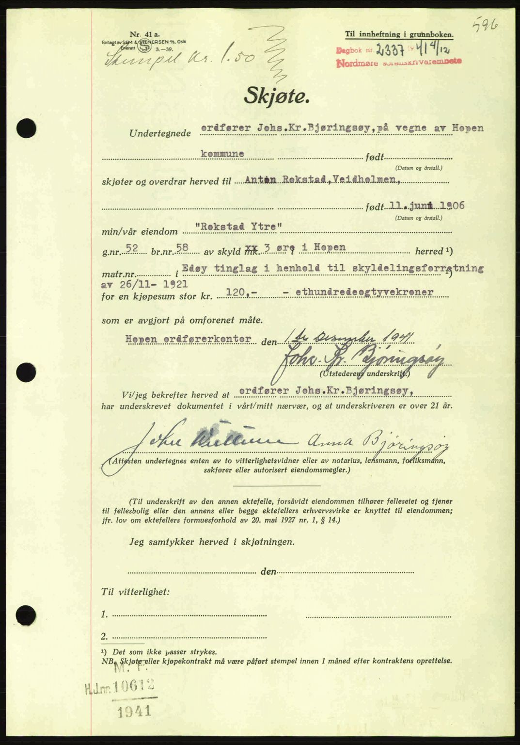 Nordmøre sorenskriveri, AV/SAT-A-4132/1/2/2Ca: Mortgage book no. A91, 1941-1942, Diary no: : 2337/1941