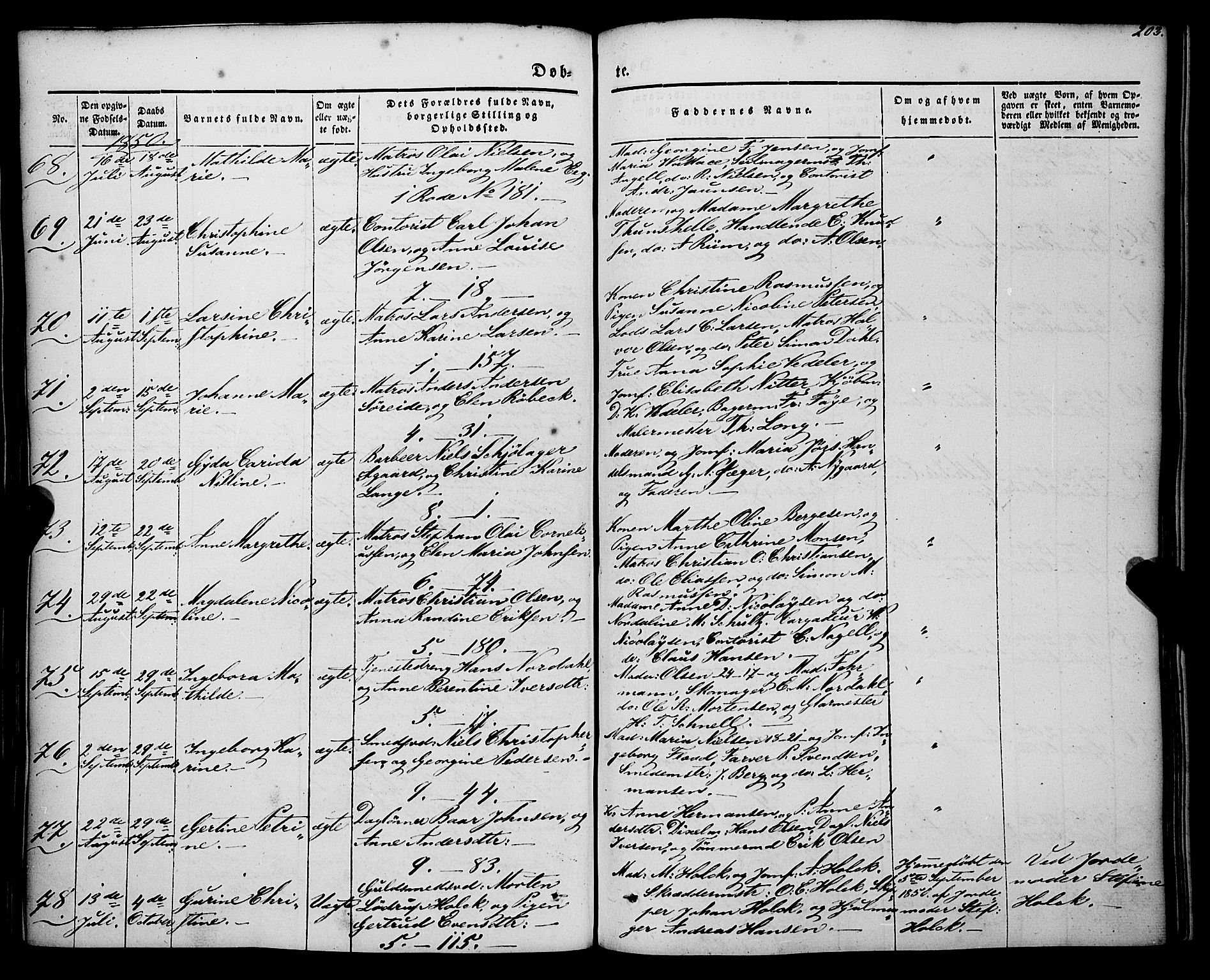 Nykirken Sokneprestembete, AV/SAB-A-77101/H/Haa/L0014: Parish register (official) no. B 1, 1844-1858, p. 203