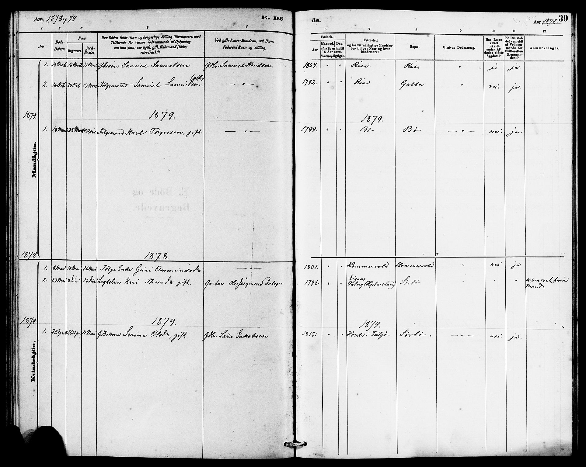 Rennesøy sokneprestkontor, SAST/A -101827/H/Ha/Haa/L0008: Parish register (official) no. A 8, 1878-1890, p. 39