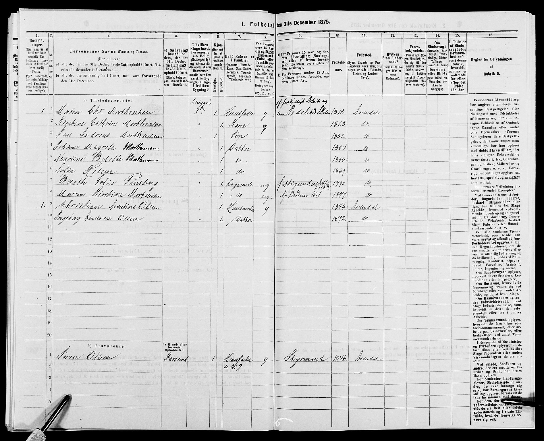 SAK, 1875 census for 0903P Arendal, 1875, p. 586