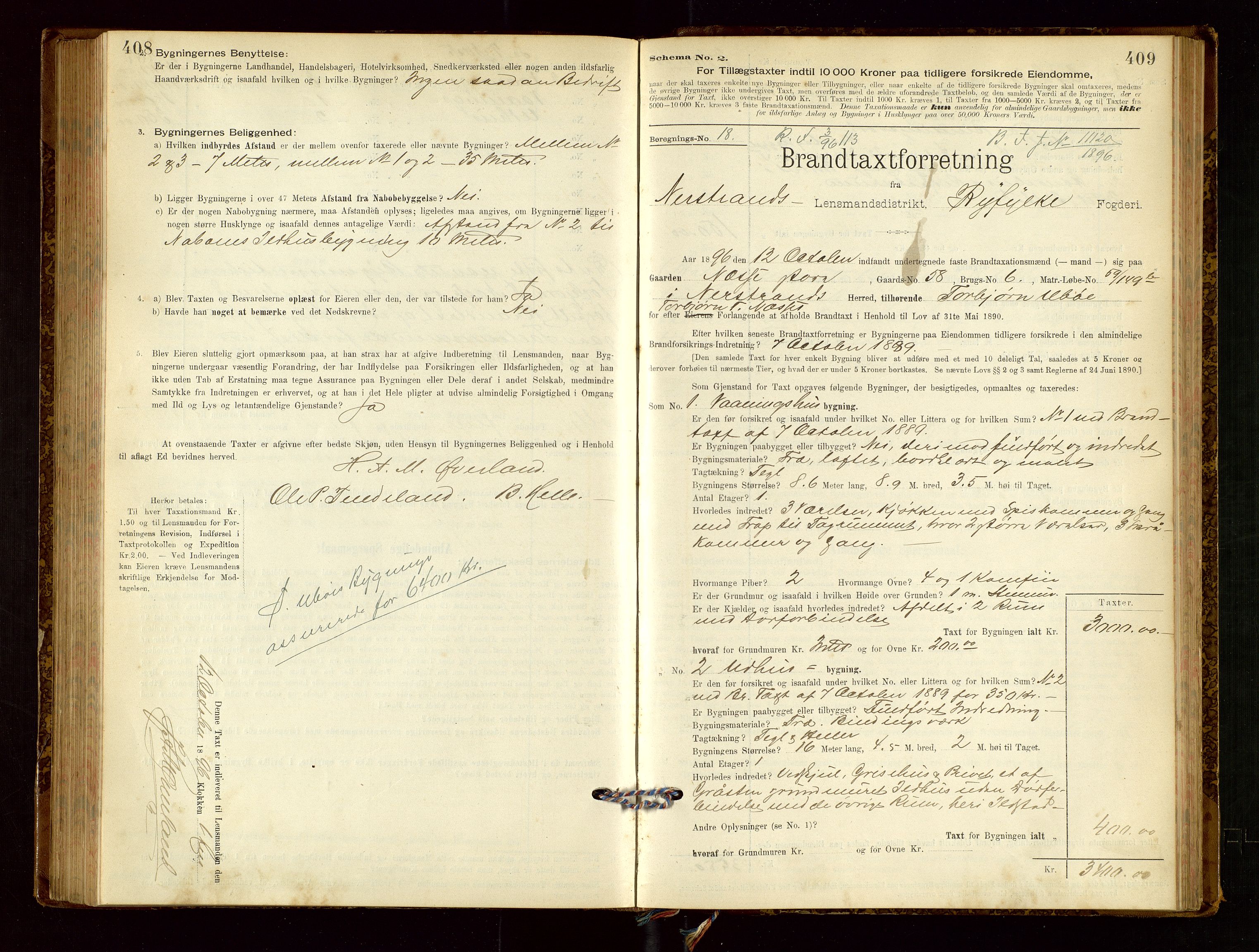Nedstrand lensmannskontor, SAST/A-100236/Gob/L0001: "Brandtaxationsprotokol for Nerstrand Lensmandsdistrikt Ryfylke fogderi", 1895-1915, p. 408-409
