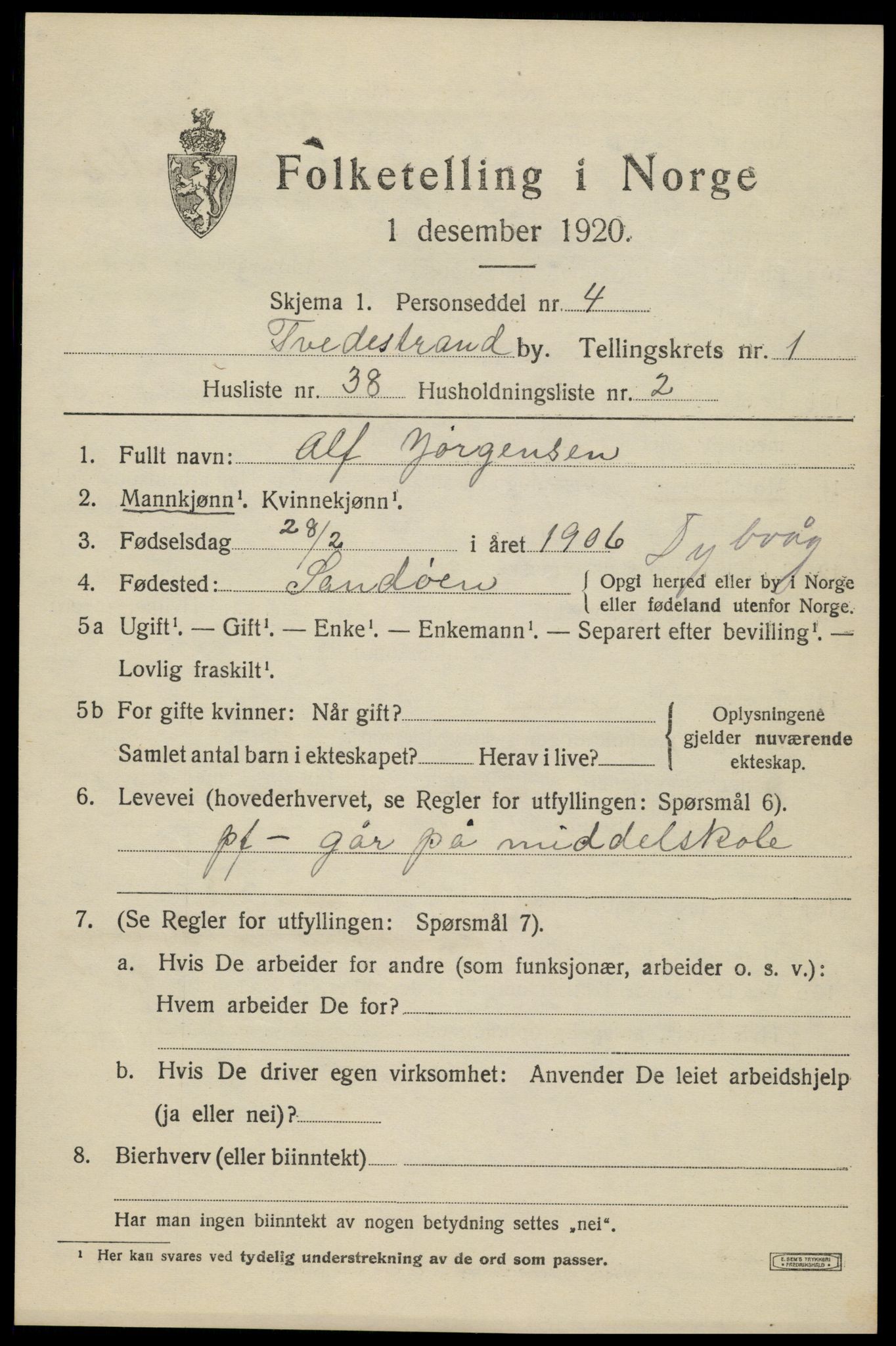 SAK, 1920 census for Tvedestrand, 1920, p. 1717