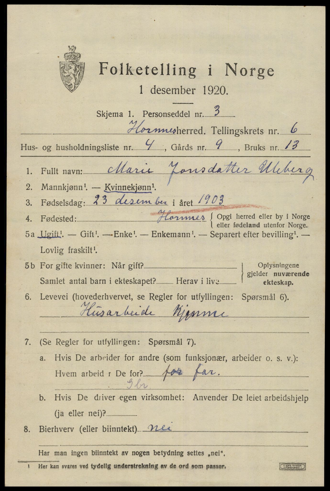 SAK, 1920 census for Hornnes, 1920, p. 1591