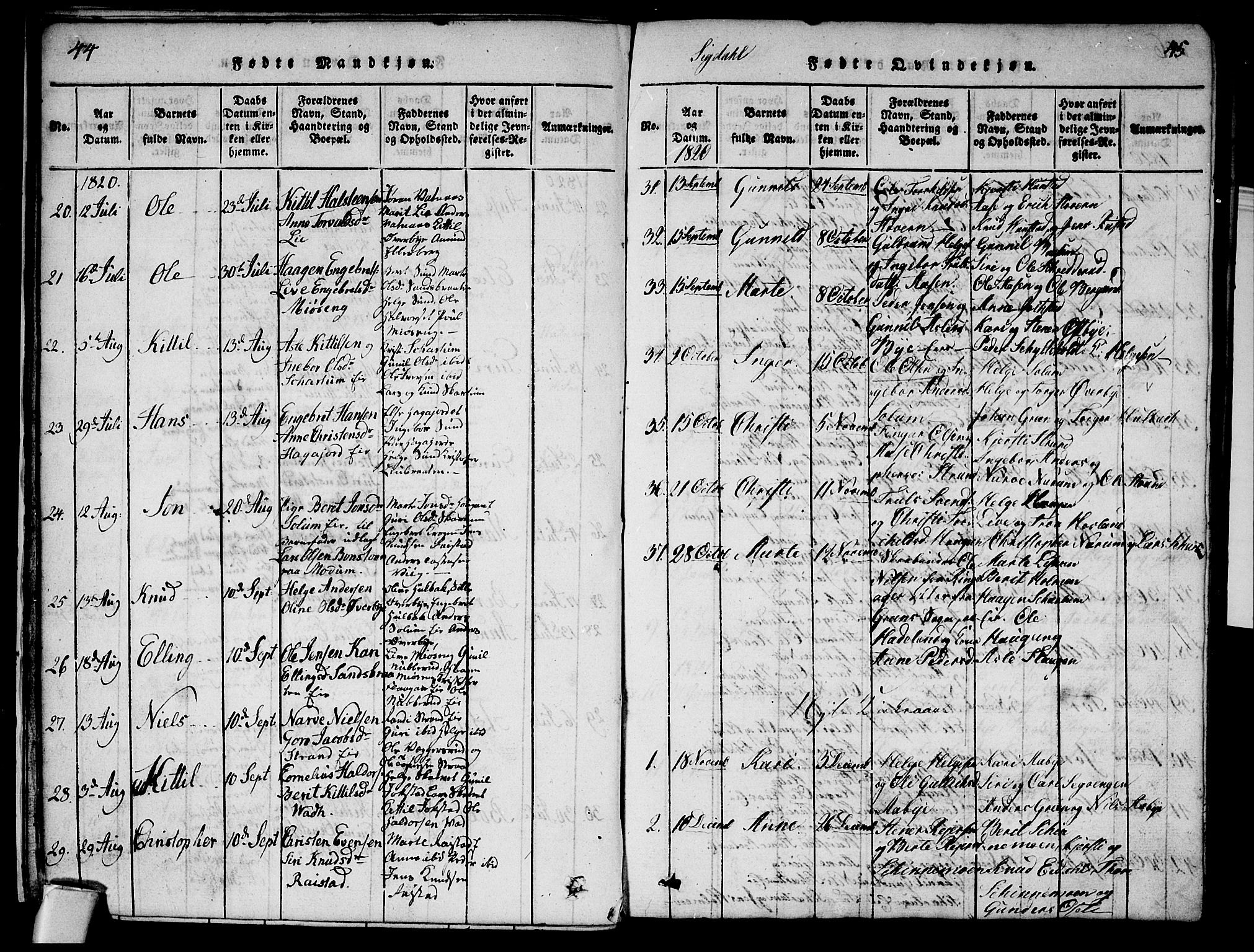 Sigdal kirkebøker, AV/SAKO-A-245/G/Ga/L0001: Parish register (copy) no. I 1 /1, 1816-1835, p. 44-45