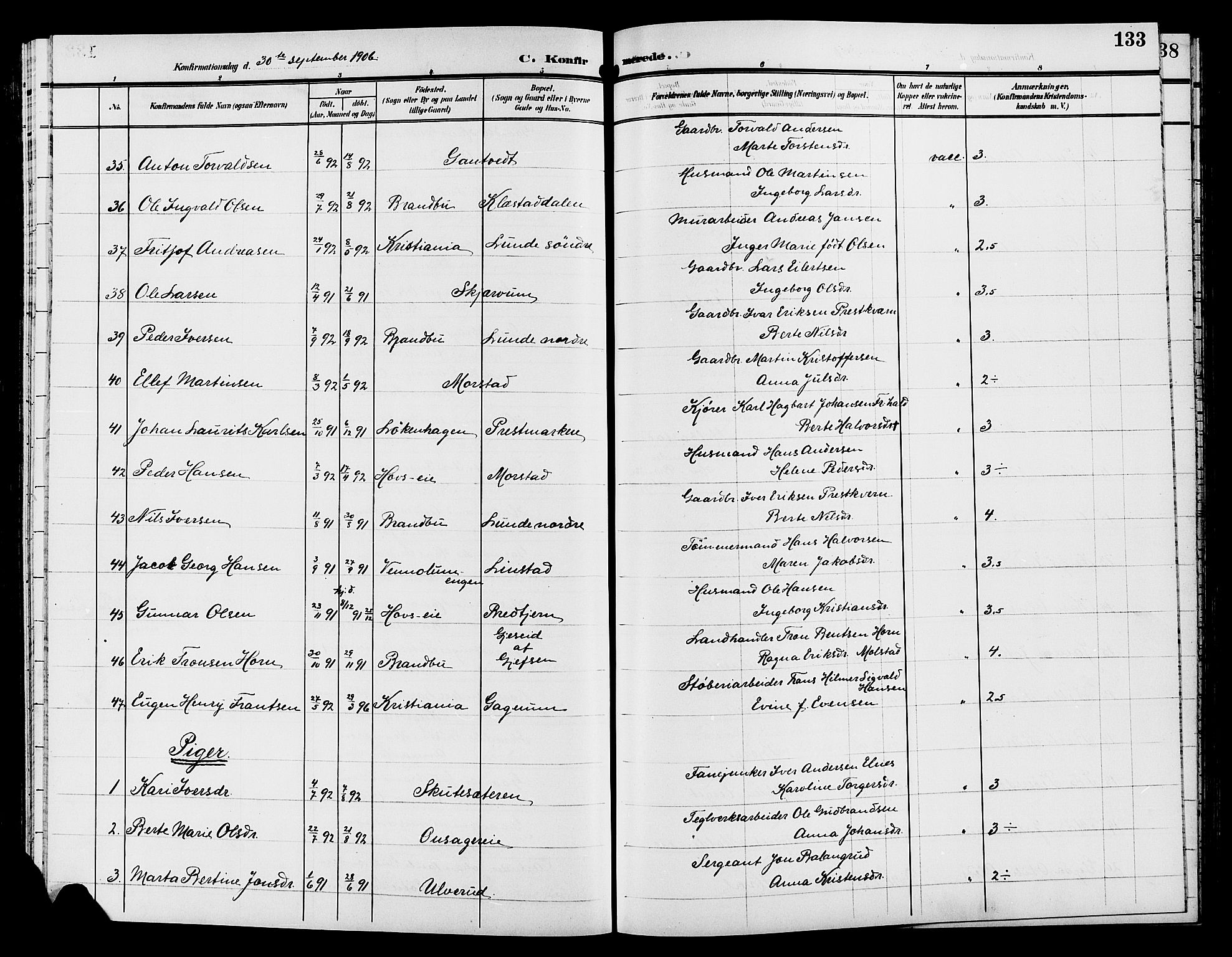 Gran prestekontor, AV/SAH-PREST-112/H/Ha/Hab/L0006: Parish register (copy) no. 6, 1901-1911, p. 133