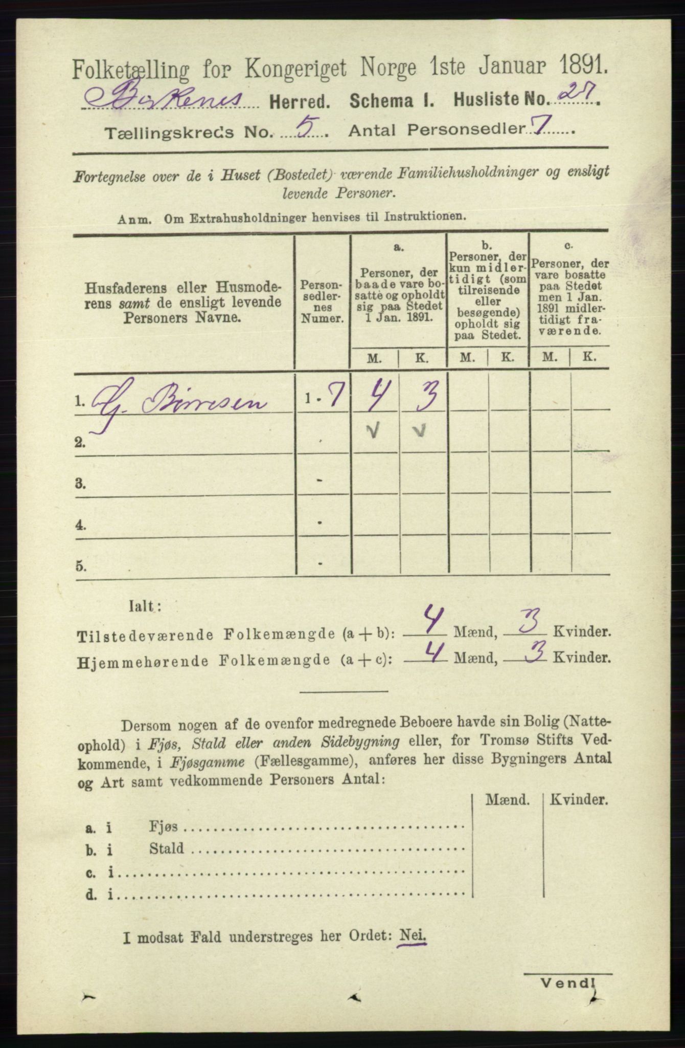 RA, 1891 Census for 0928 Birkenes, 1891, p. 1523