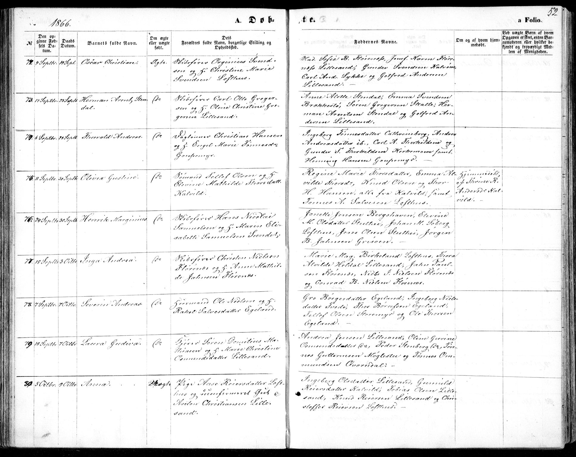 Vestre Moland sokneprestkontor, AV/SAK-1111-0046/F/Fb/Fbb/L0004: Parish register (copy) no. B 4, 1861-1872, p. 52