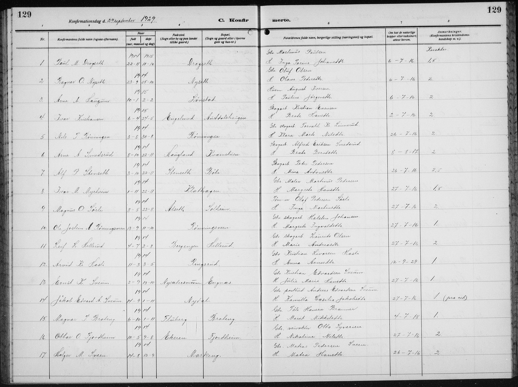 Biri prestekontor, AV/SAH-PREST-096/H/Ha/Hab/L0007: Parish register (copy) no. 7, 1919-1941, p. 129