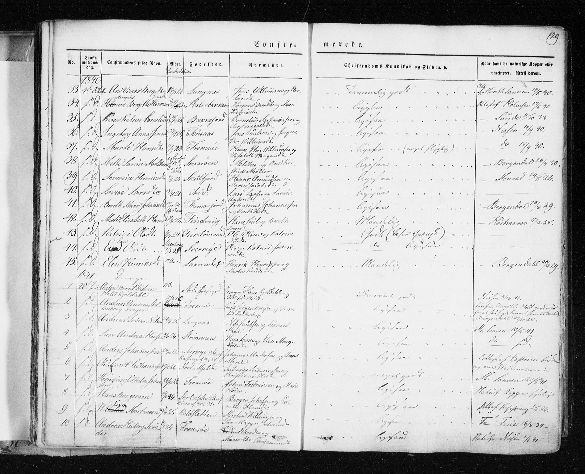 Tromsø sokneprestkontor/stiftsprosti/domprosti, AV/SATØ-S-1343/G/Ga/L0009kirke: Parish register (official) no. 9, 1837-1847, p. 129