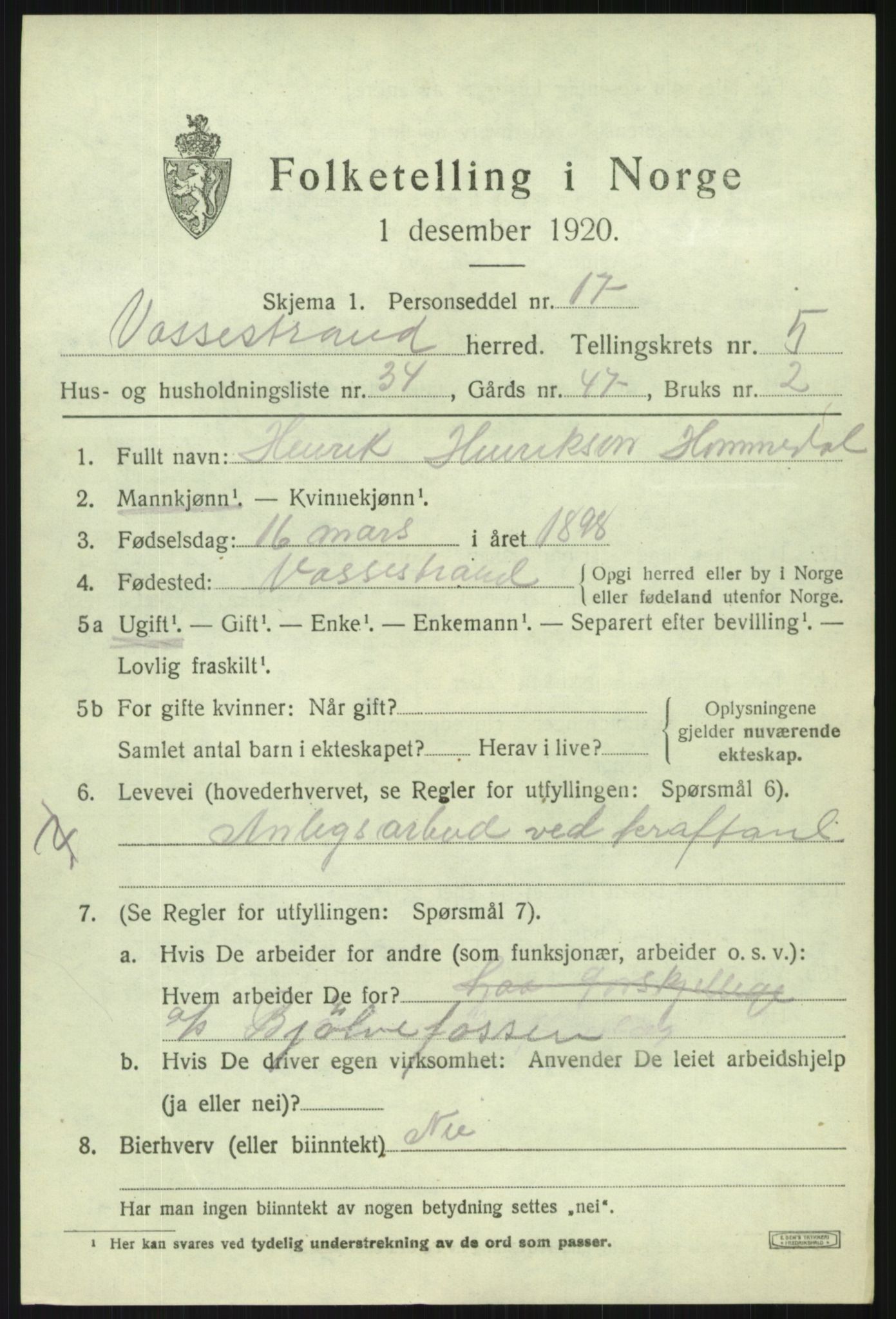 SAB, 1920 census for Vossestrand, 1920, p. 2818